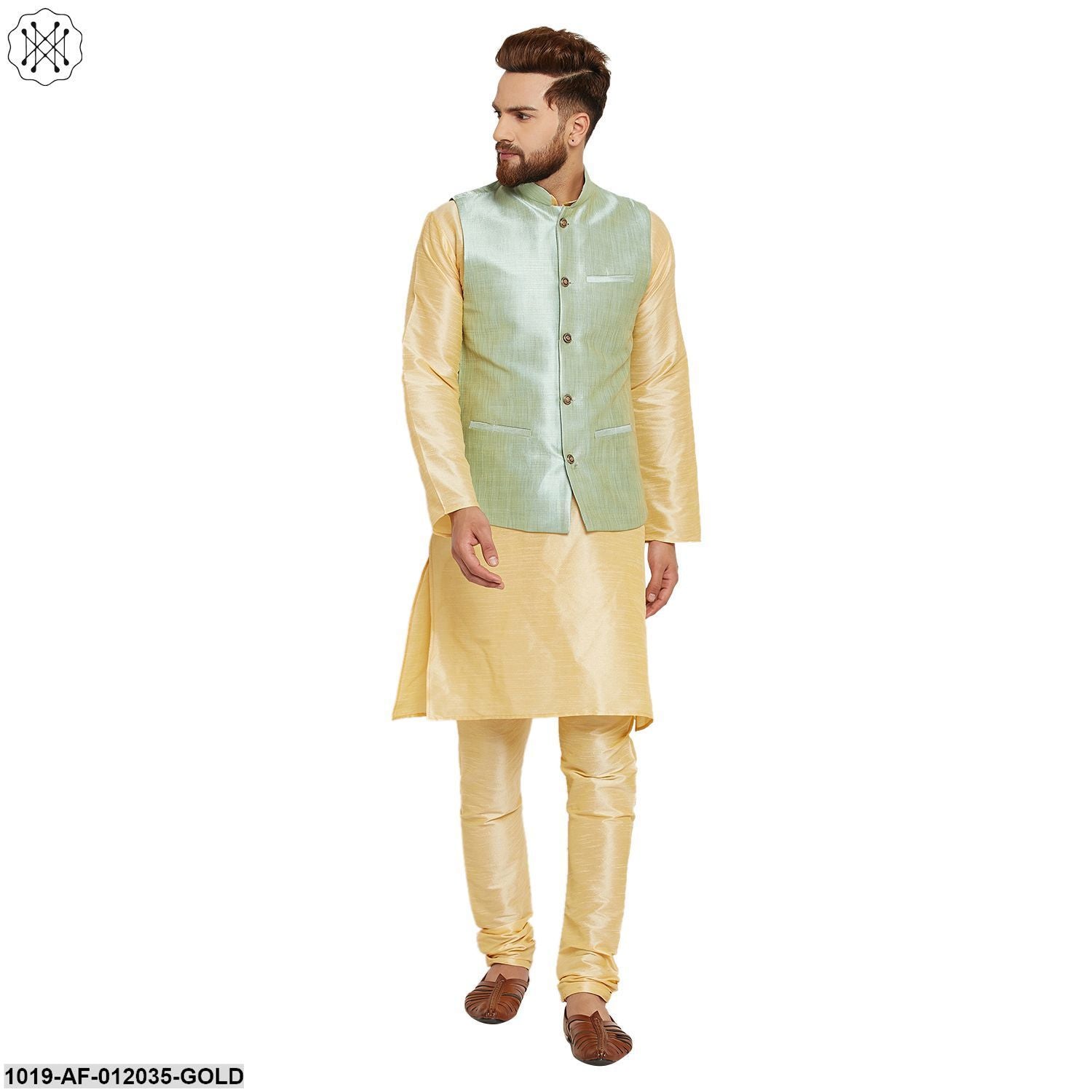Men's Dupion Silk Kurta Pyjama And Nehru Jacket Set
