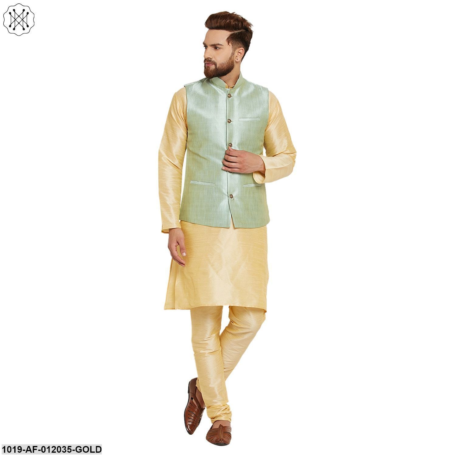 Men's Dupion Silk Kurta Pyjama And Nehru Jacket Set