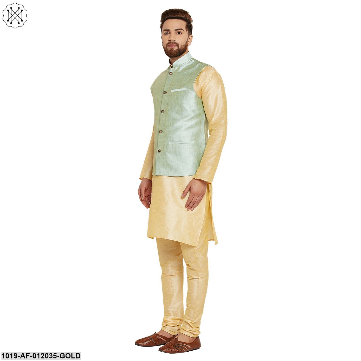 Men's Dupion Silk Kurta Pyjama And Nehru Jacket Set