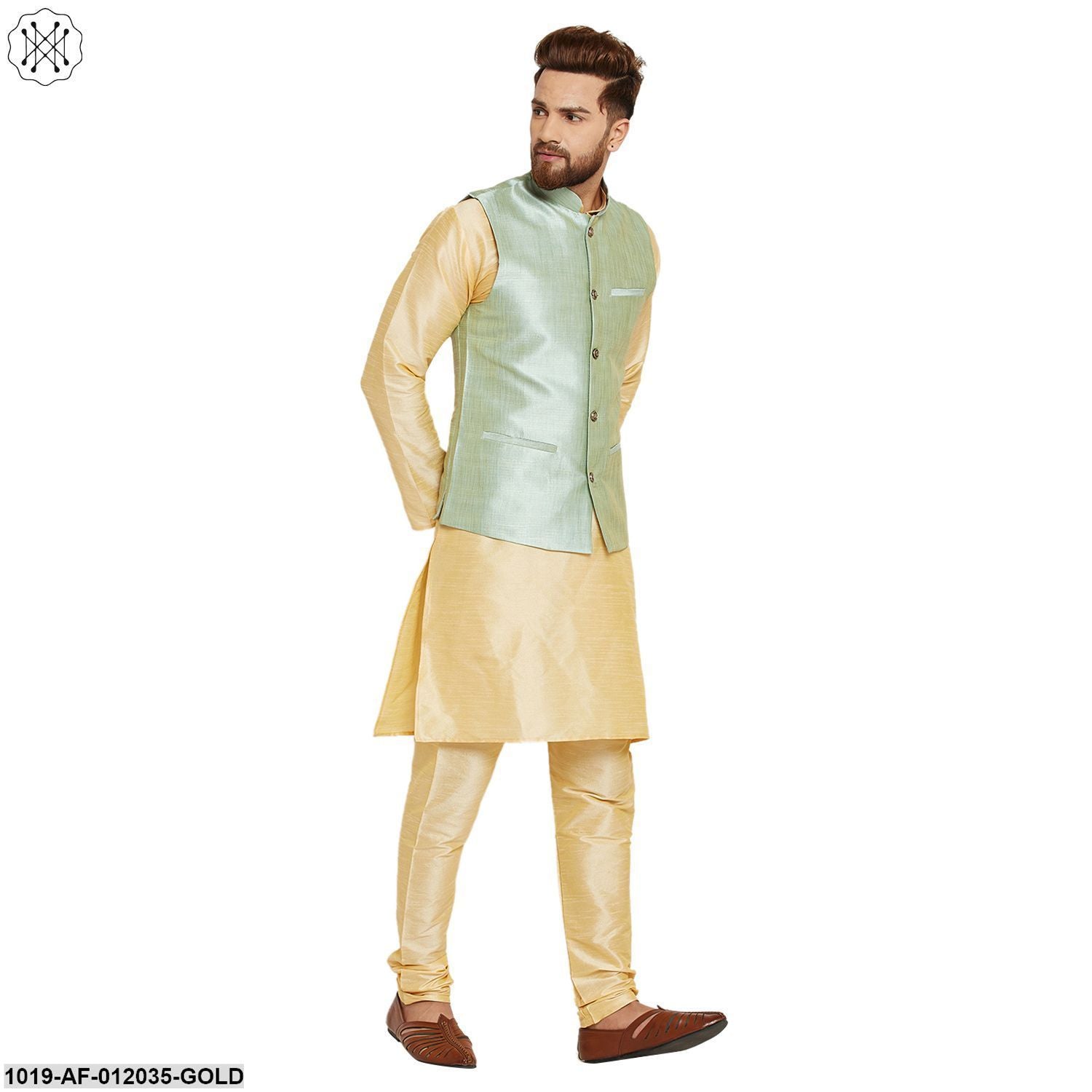 Men's Dupion Silk Kurta Pyjama And Nehru Jacket Set