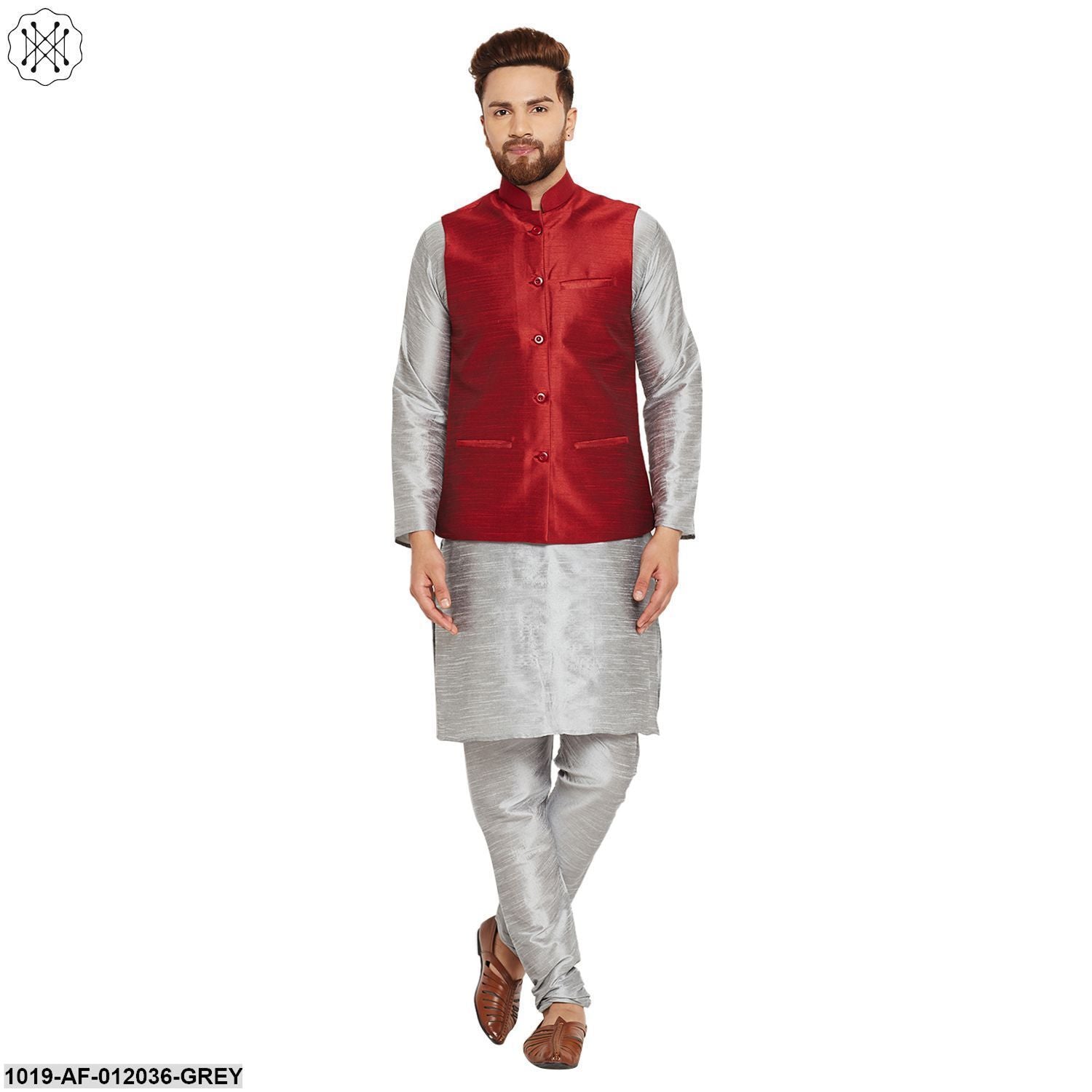 Men's Dupion Silk Kurta Pyjama And Nehru Jacket Set