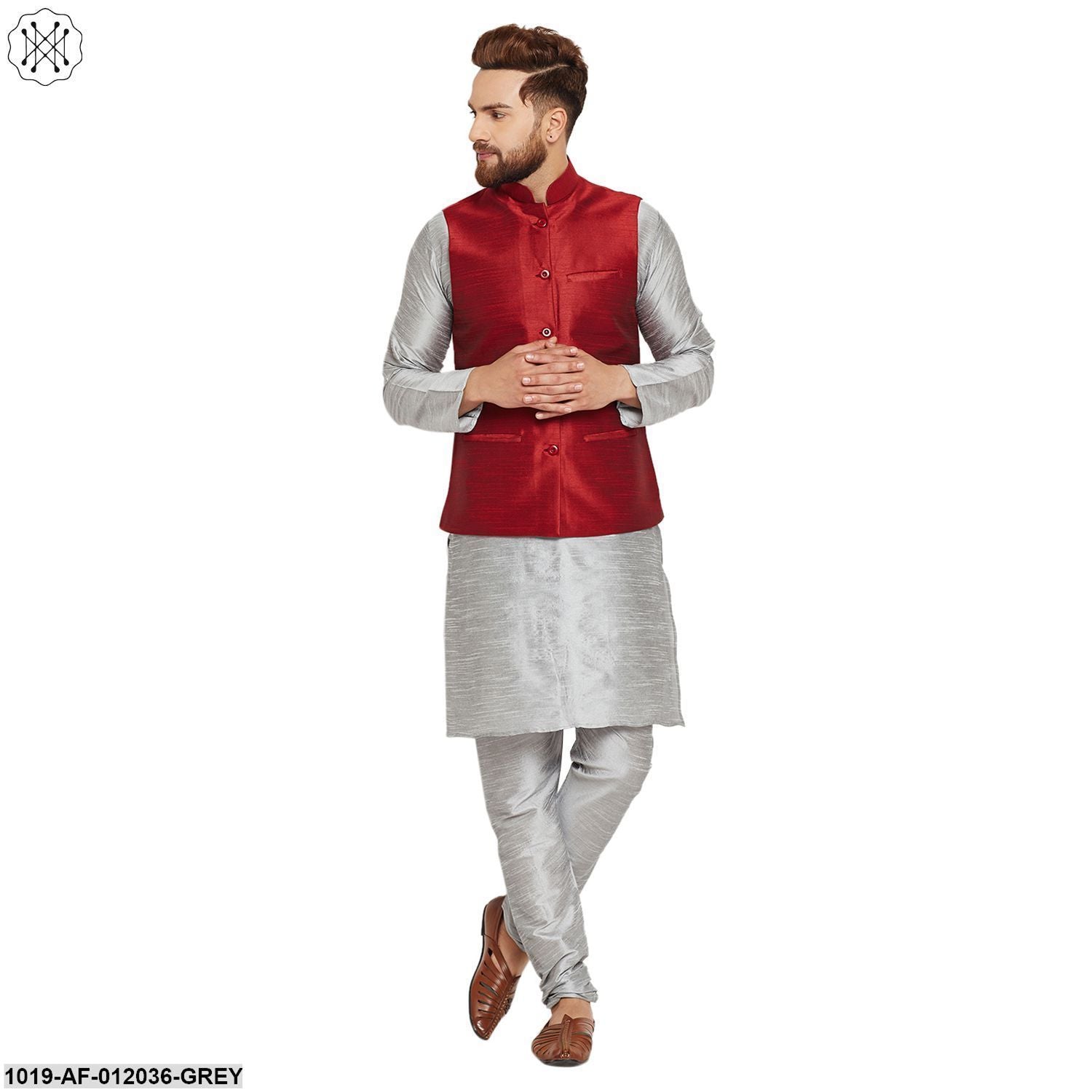 Men's Dupion Silk Kurta Pyjama And Nehru Jacket Set