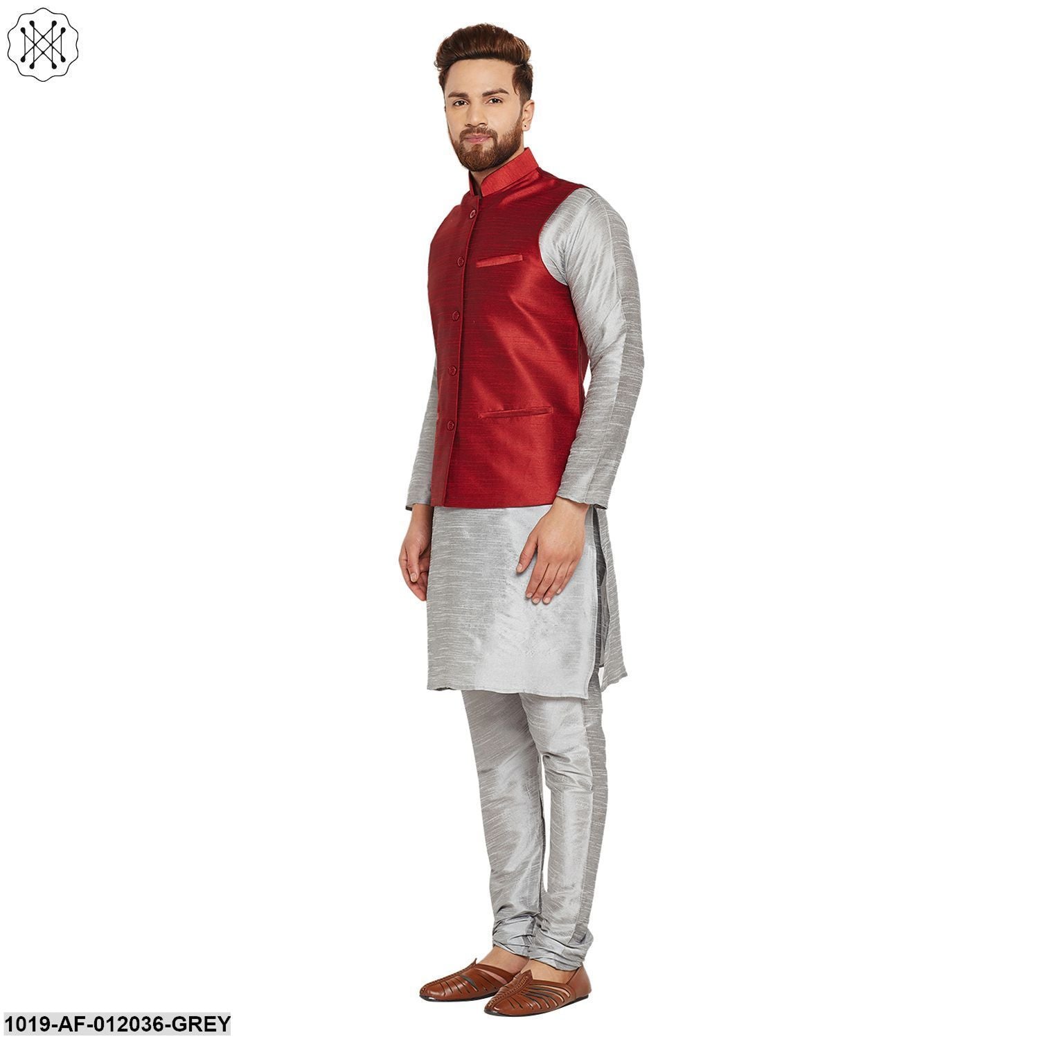 Men's Dupion Silk Kurta Pyjama And Nehru Jacket Set