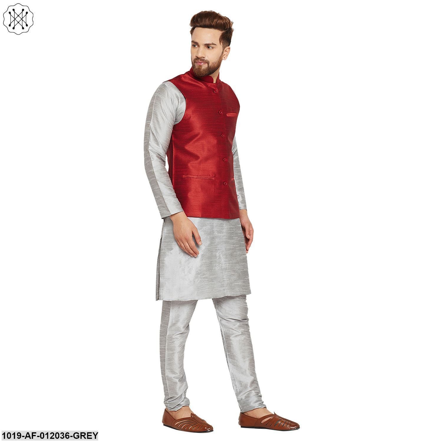 Men's Dupion Silk Kurta Pyjama And Nehru Jacket Set
