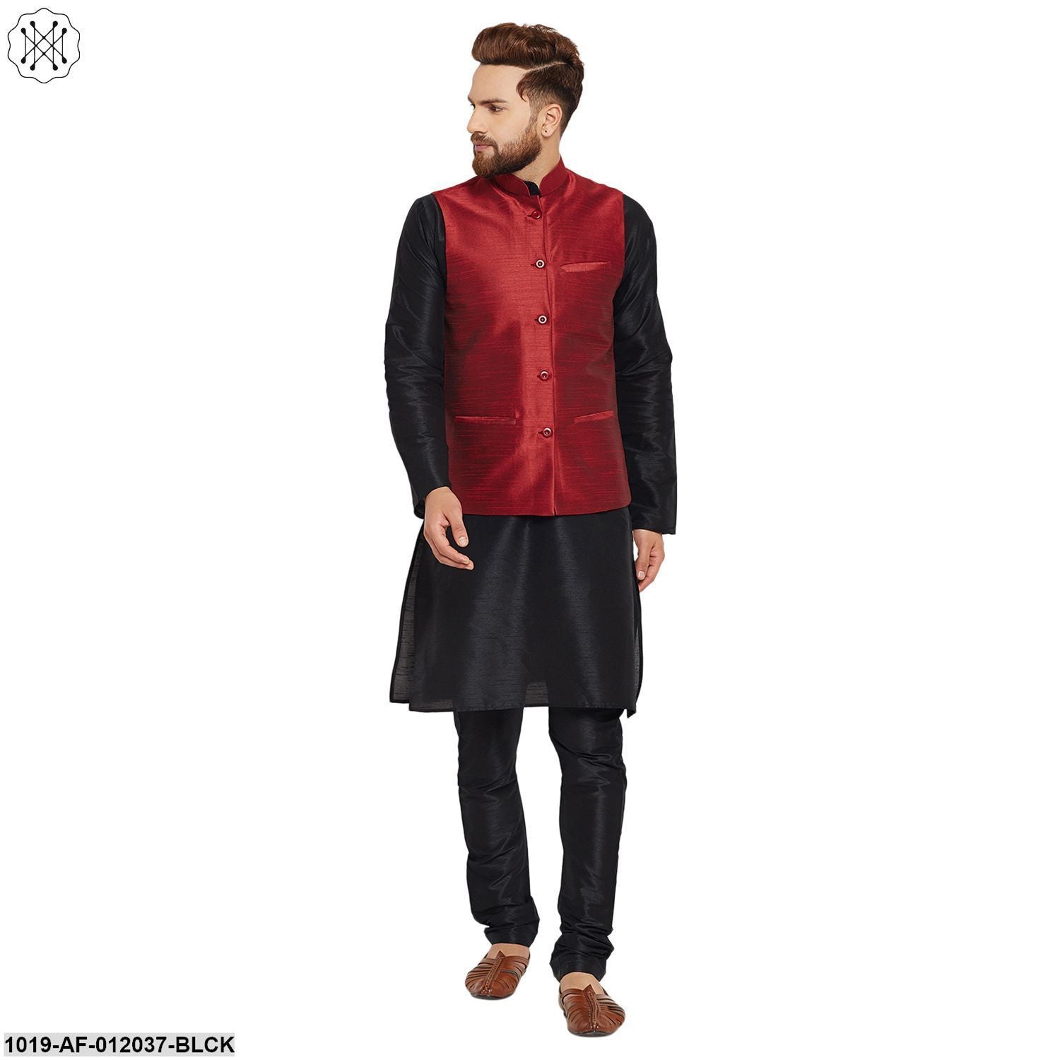 Men's Dupion Silk Kurta Pyjama And Nehru Jacket Set