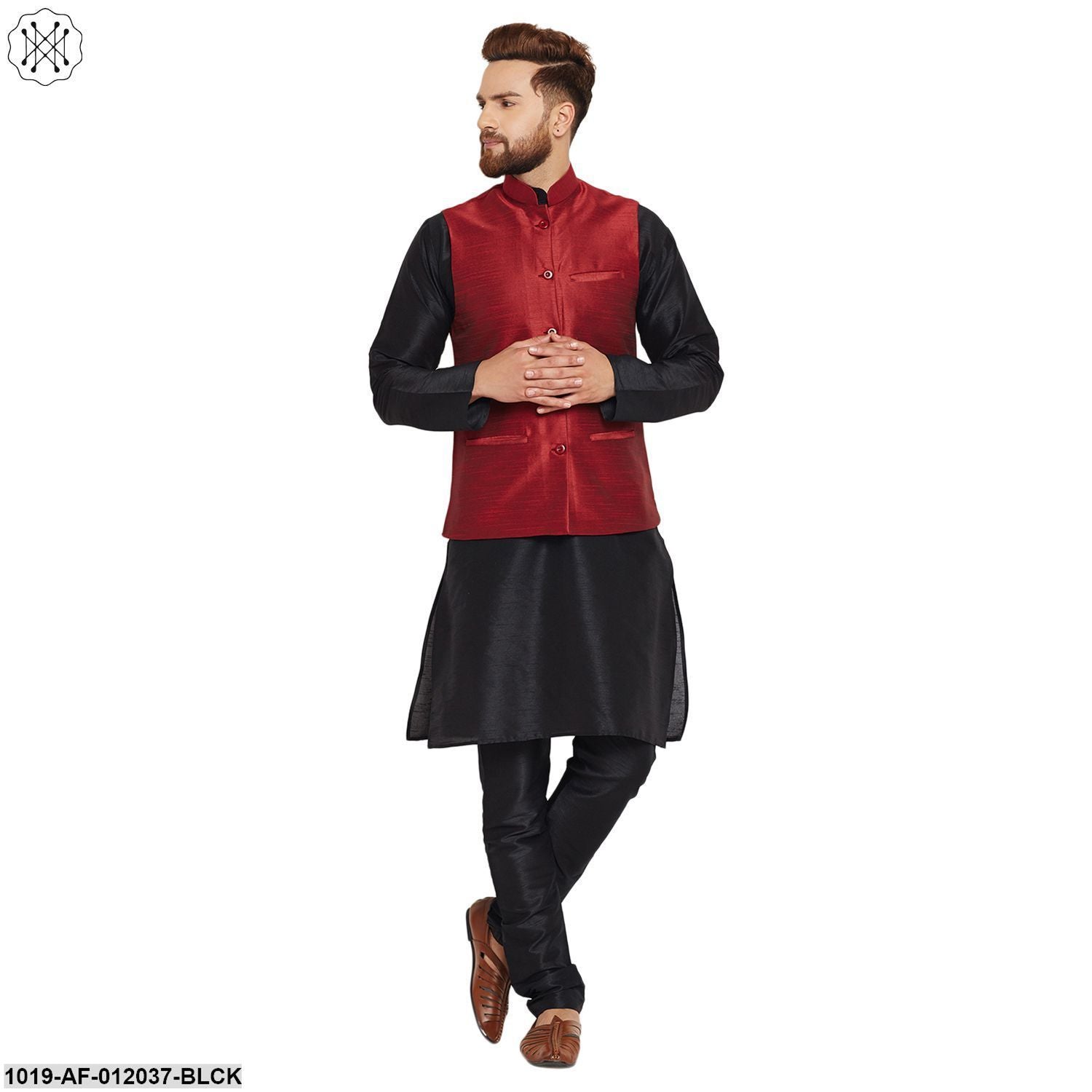 Men's Dupion Silk Kurta Pyjama And Nehru Jacket Set