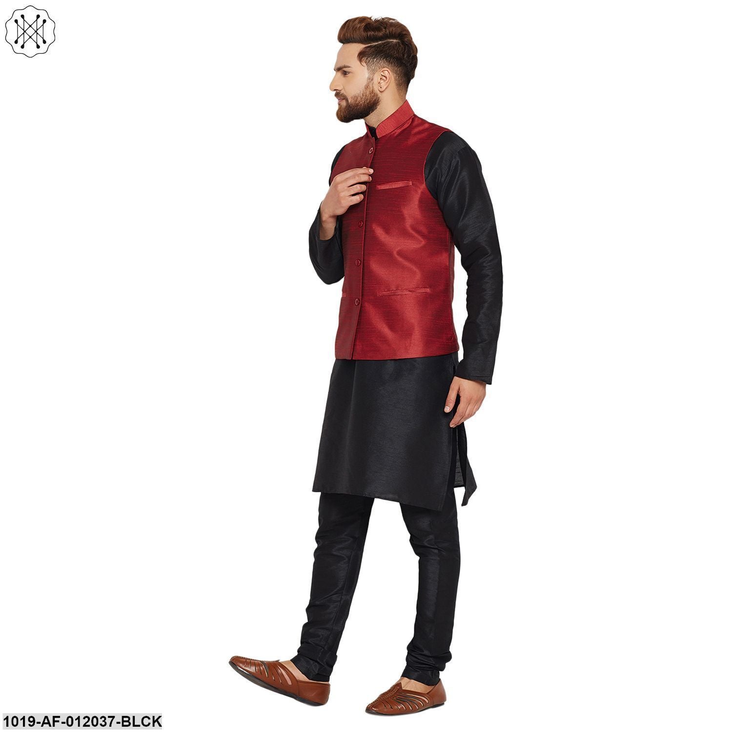 Men's Dupion Silk Kurta Pyjama And Nehru Jacket Set