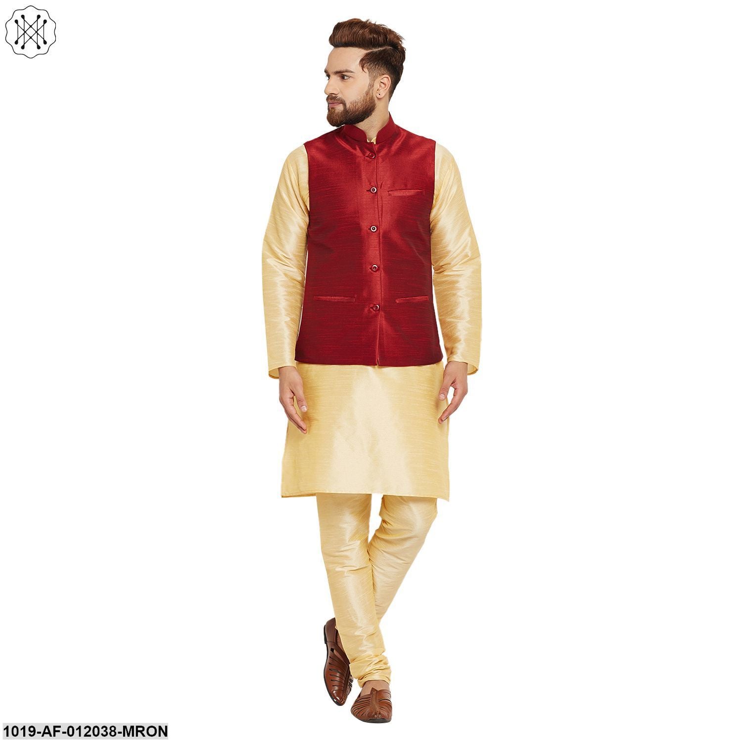 Men's Dupion Silk Kurta Pyjama And Nehru Jacket Set
