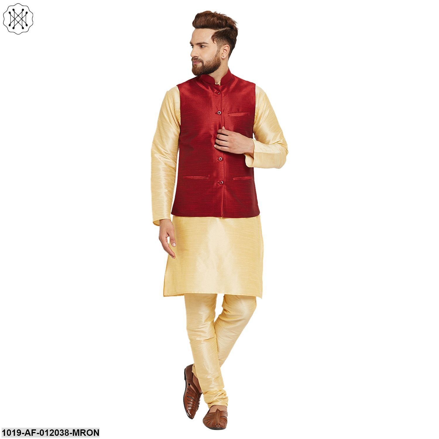 Men's Dupion Silk Kurta Pyjama And Nehru Jacket Set