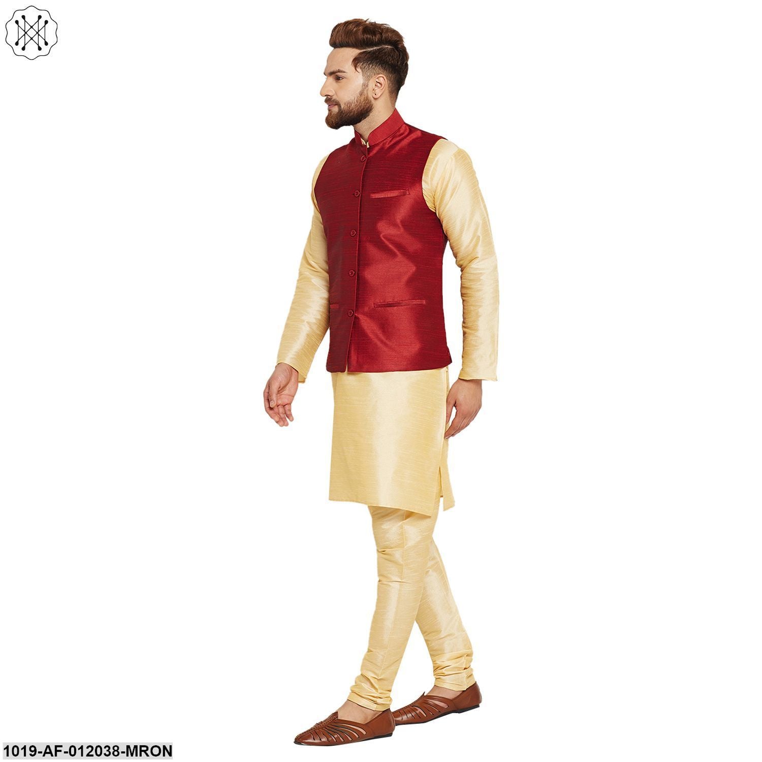 Men's Dupion Silk Kurta Pyjama And Nehru Jacket Set