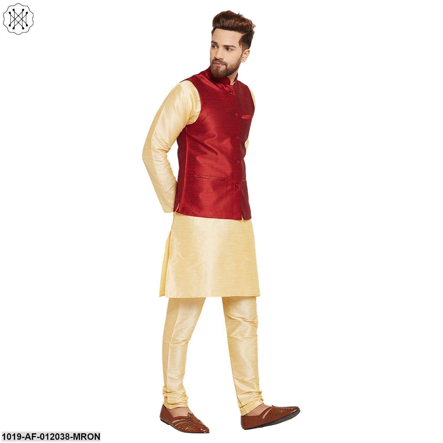 Men's Dupion Silk Kurta Pyjama And Nehru Jacket Set