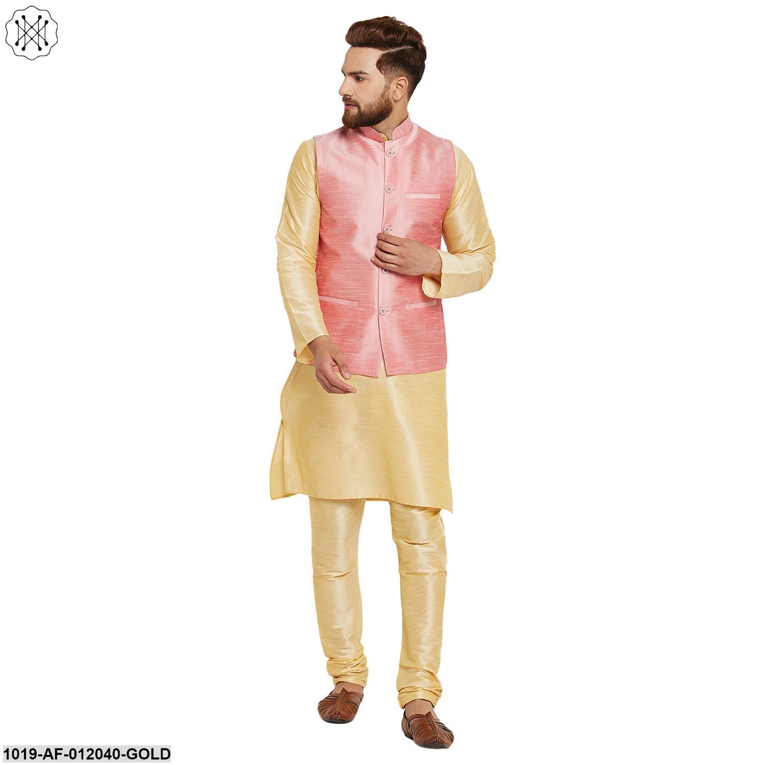 Men's Dupion Silk Kurta Pyjama And Nehru Jacket Set