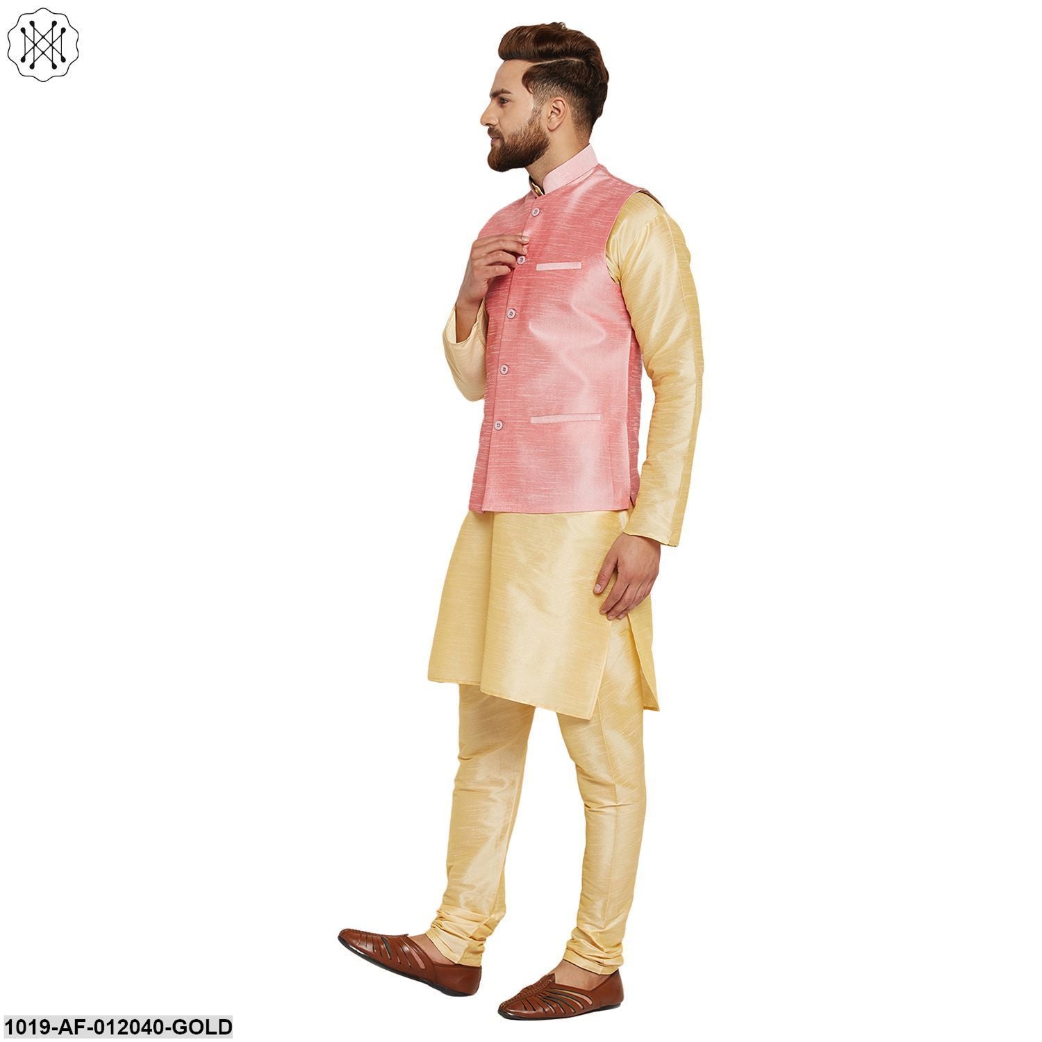 Men's Dupion Silk Kurta Pyjama And Nehru Jacket Set