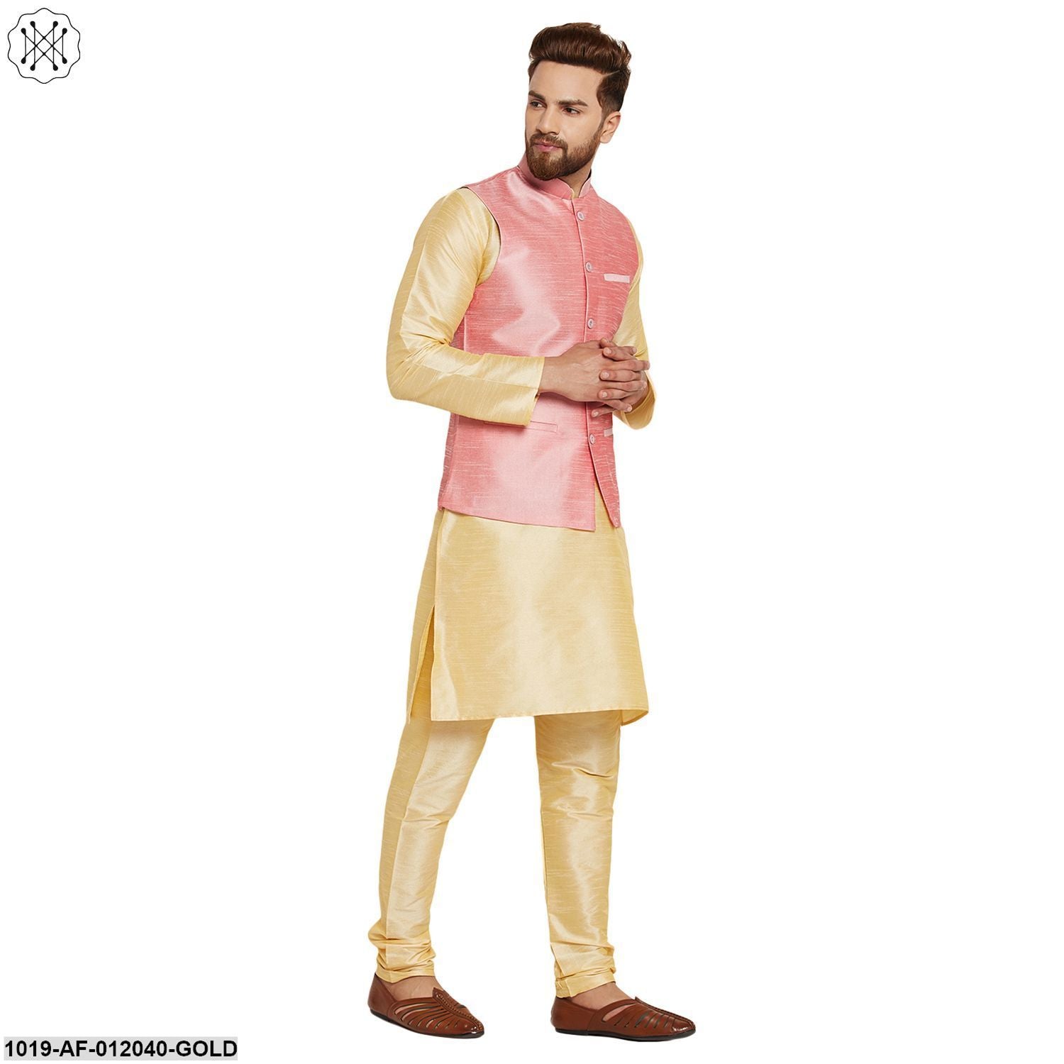 Men's Dupion Silk Kurta Pyjama And Nehru Jacket Set