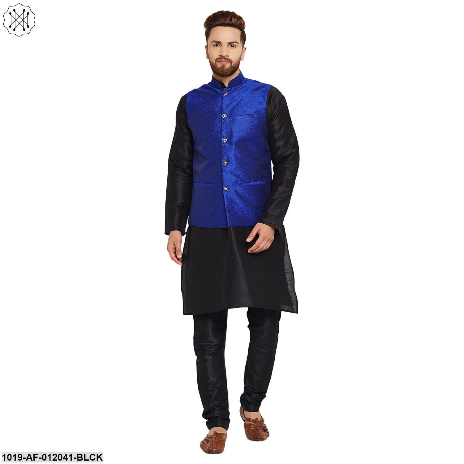 Men's Dupion Silk Kurta Pyjama And Jacquard Silk Nehru Jacket Set