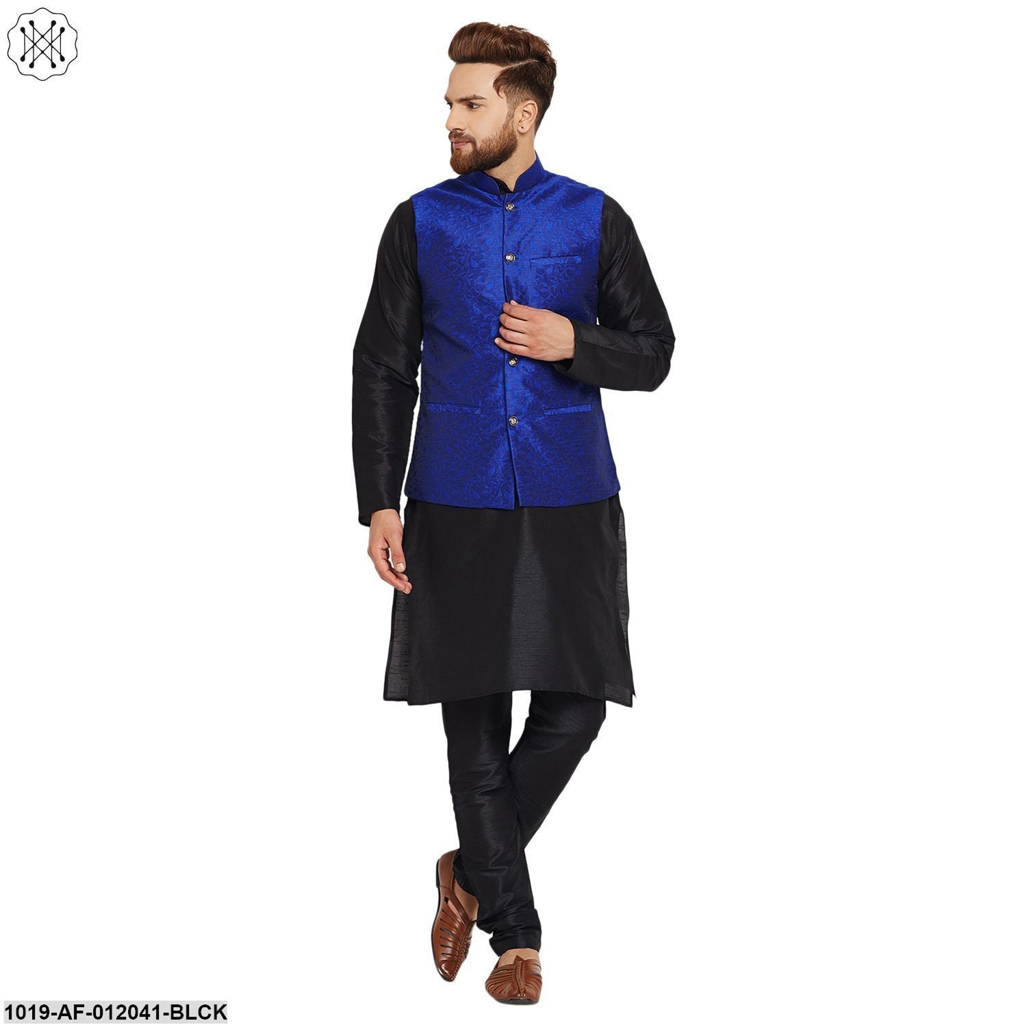 Men's Dupion Silk Kurta Pyjama And Jacquard Silk Nehru Jacket Set