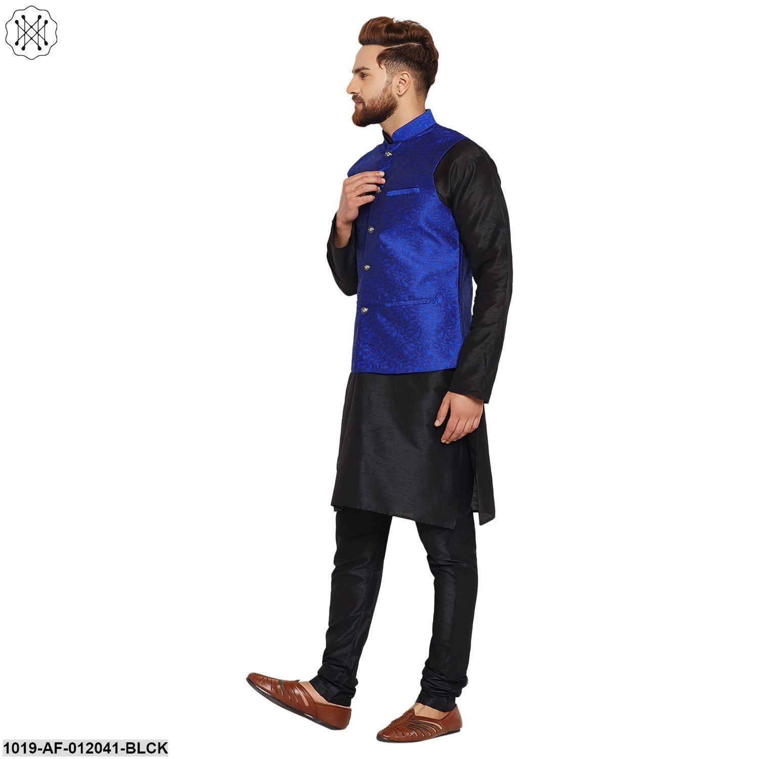 Men's Dupion Silk Kurta Pyjama And Jacquard Silk Nehru Jacket Set