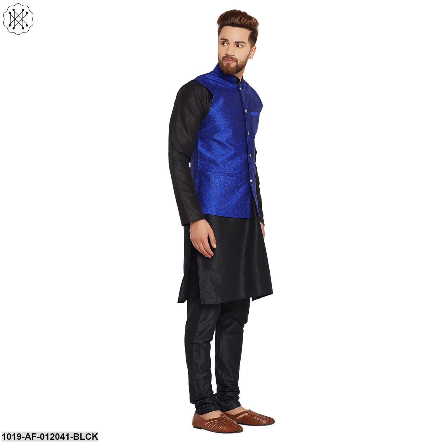 Men's Dupion Silk Kurta Pyjama And Jacquard Silk Nehru Jacket Set
