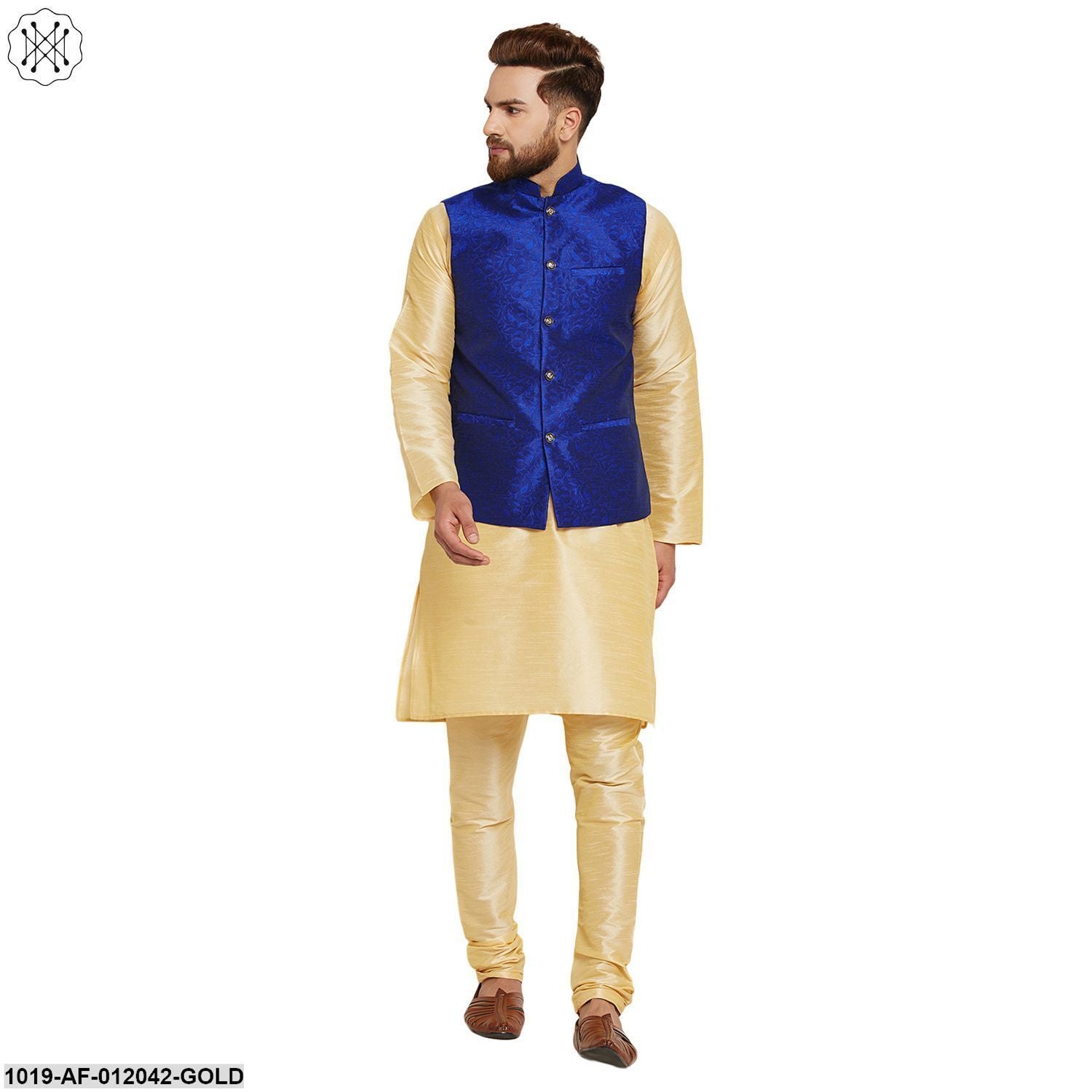 Men's Dupion Silk Kurta Pyjama And Jacquard Silk Nehru Jacket Set