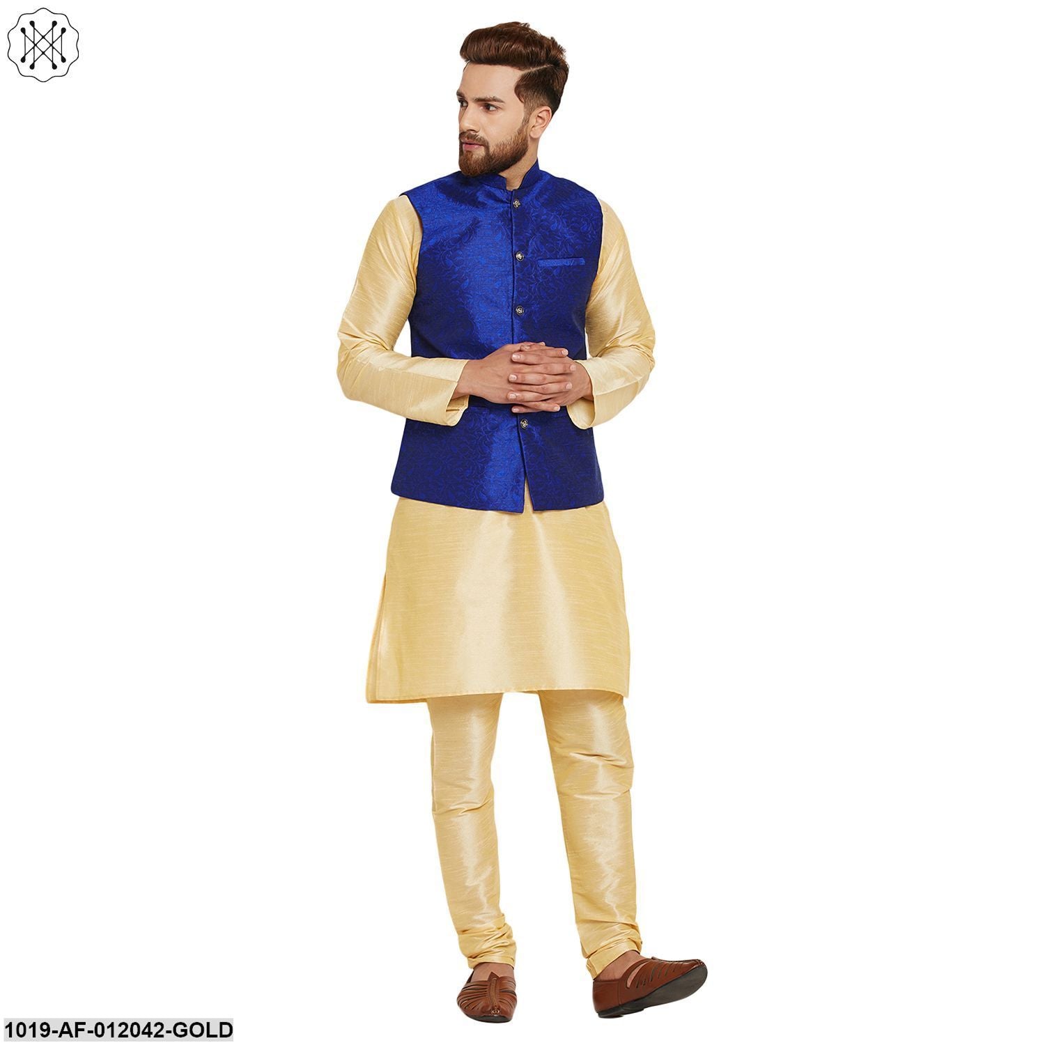 Men's Dupion Silk Kurta Pyjama And Jacquard Silk Nehru Jacket Set
