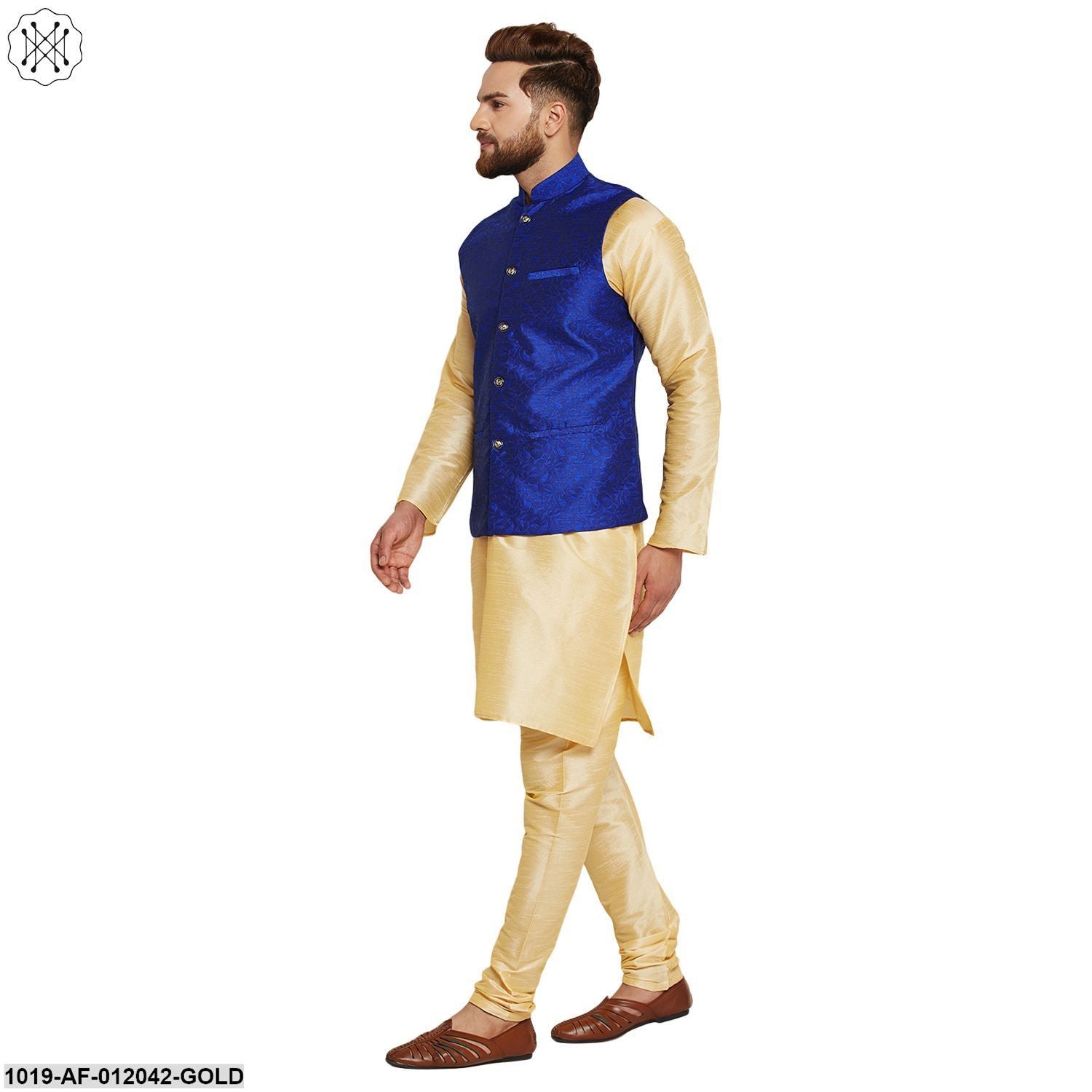 Men's Dupion Silk Kurta Pyjama And Jacquard Silk Nehru Jacket Set
