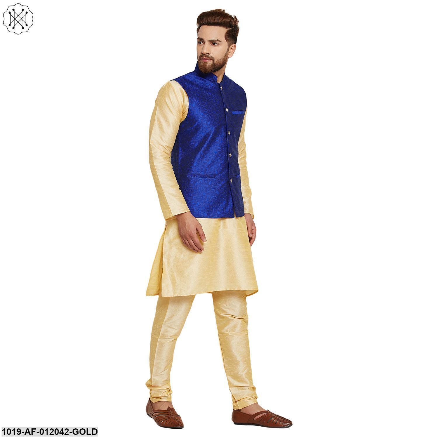 Men's Dupion Silk Kurta Pyjama And Jacquard Silk Nehru Jacket Set