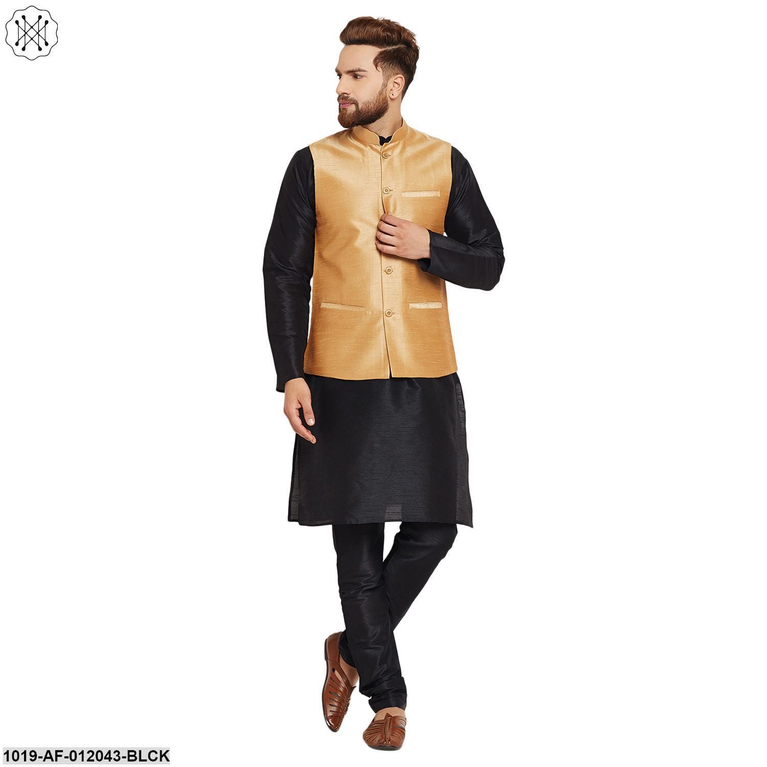 Men's Dupion Silk Kurta Pyjama And Nehru Jacket Set
