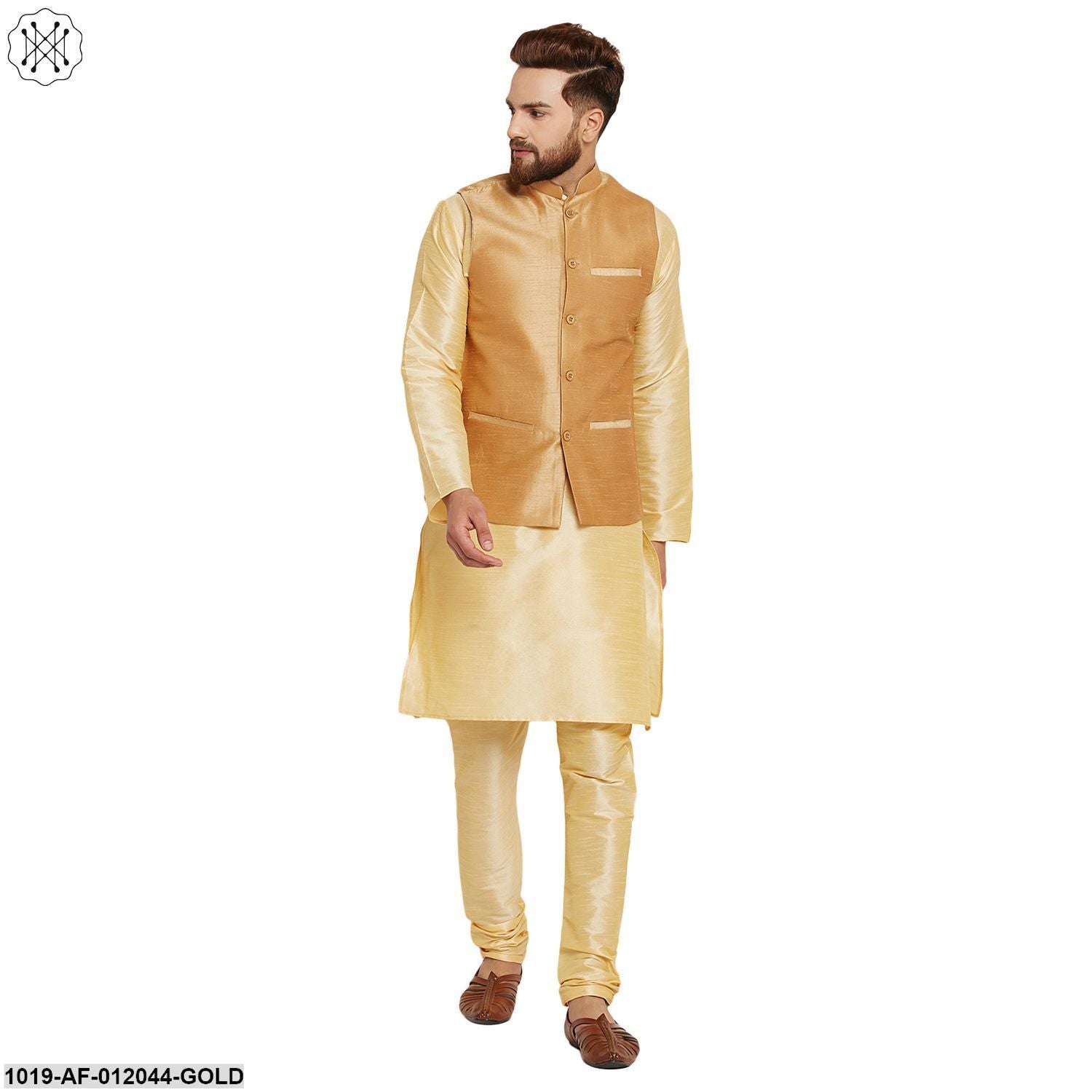 Men's Dupion Silk Kurta Pyjama And Nehru Jacket Set