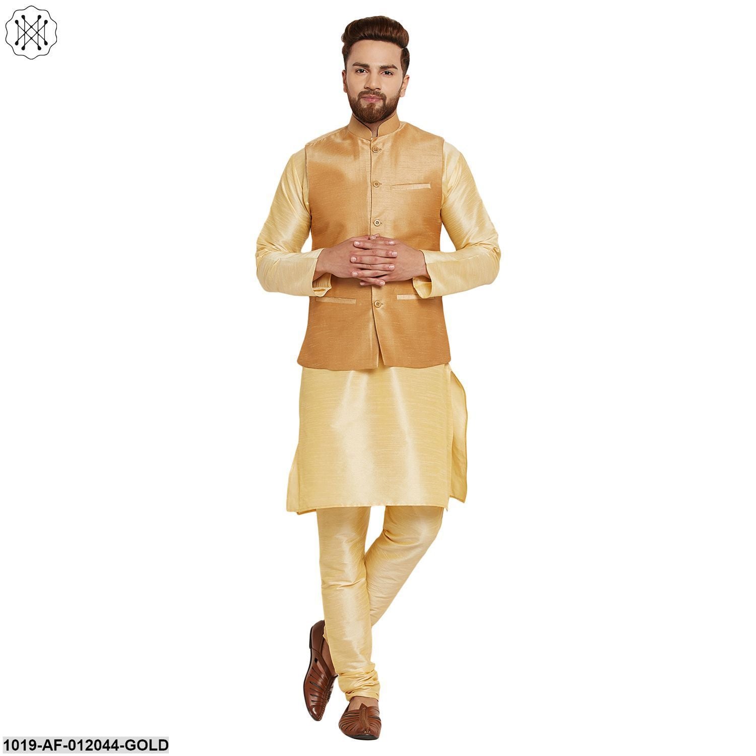 Men's Dupion Silk Kurta Pyjama And Nehru Jacket Set