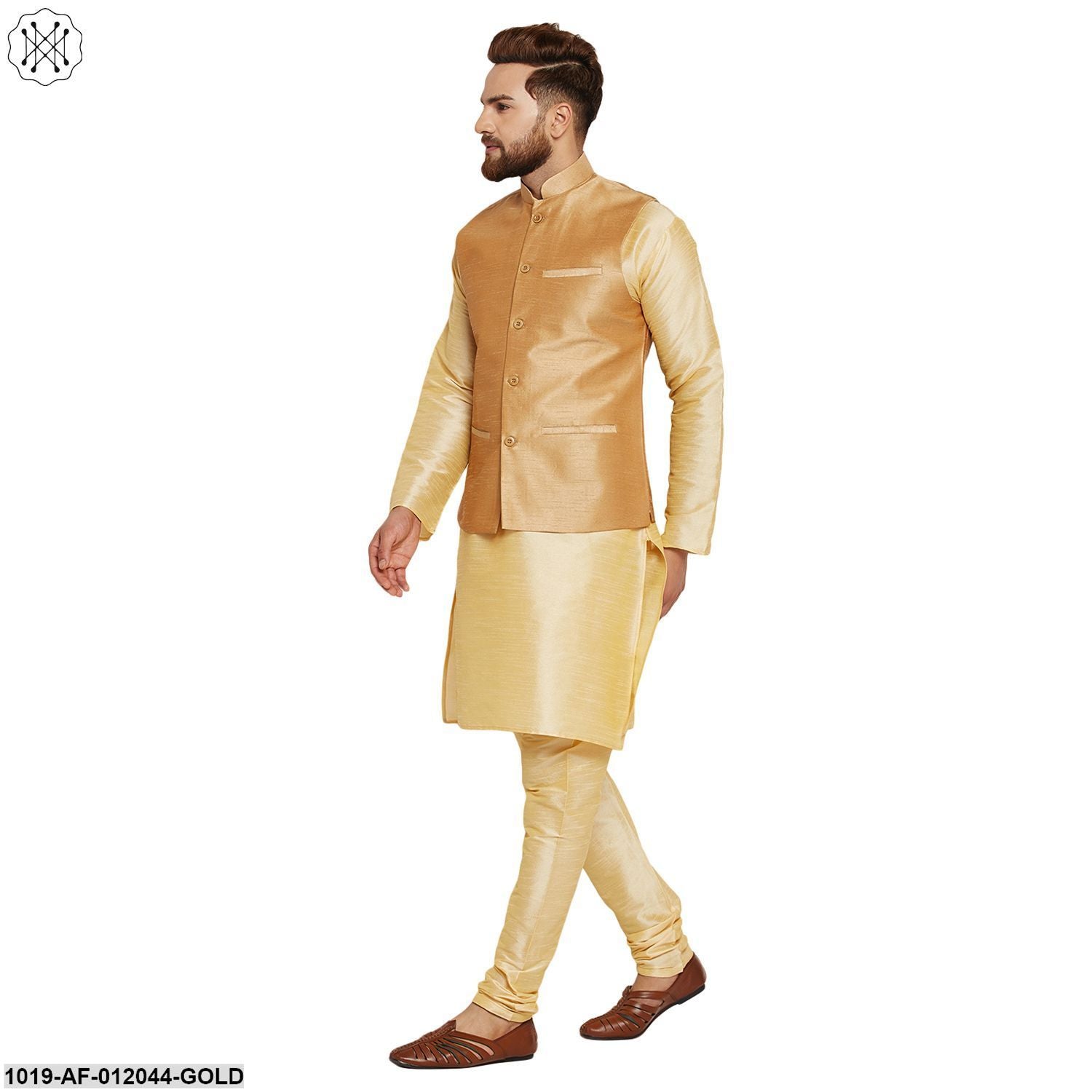 Men's Dupion Silk Kurta Pyjama And Nehru Jacket Set