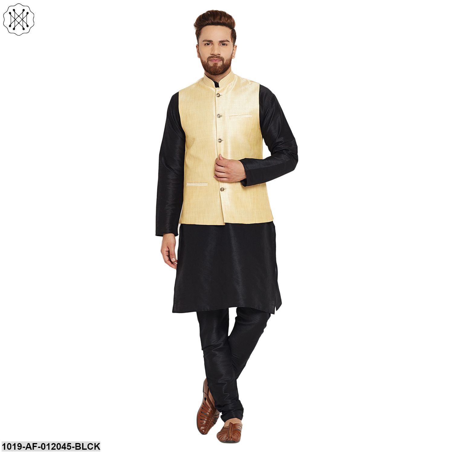 Men's Dupion Silk Kurta Pyjama And Nehru Jacket Set