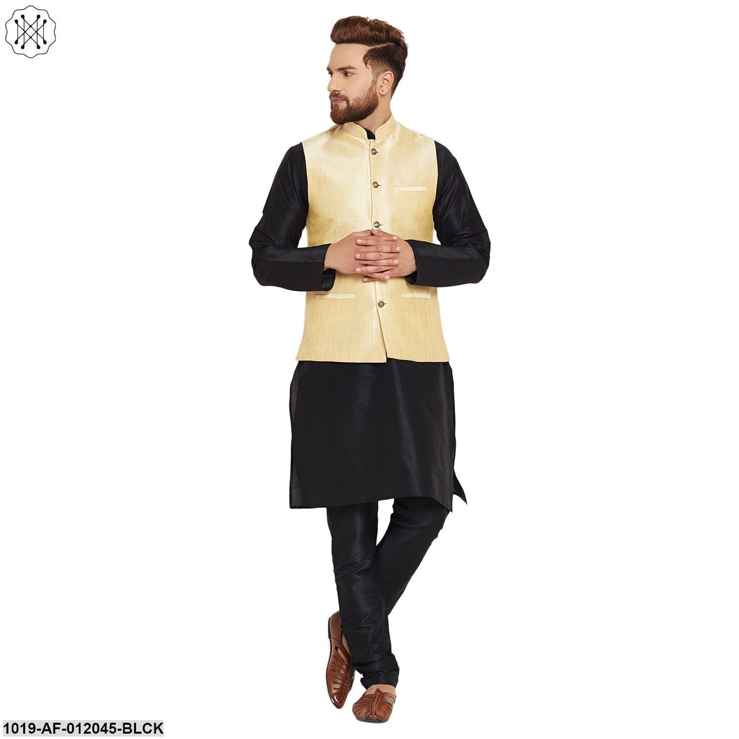 Men's Dupion Silk Kurta Pyjama And Nehru Jacket Set