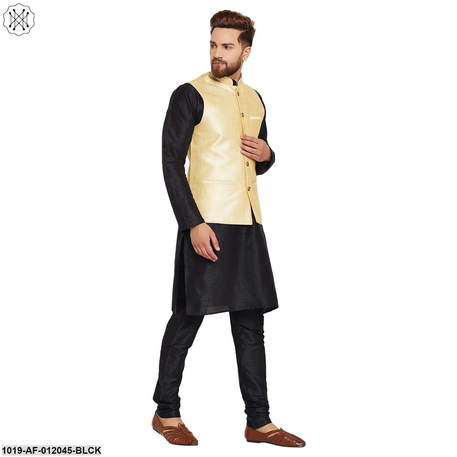 Men's Dupion Silk Kurta Pyjama And Nehru Jacket Set