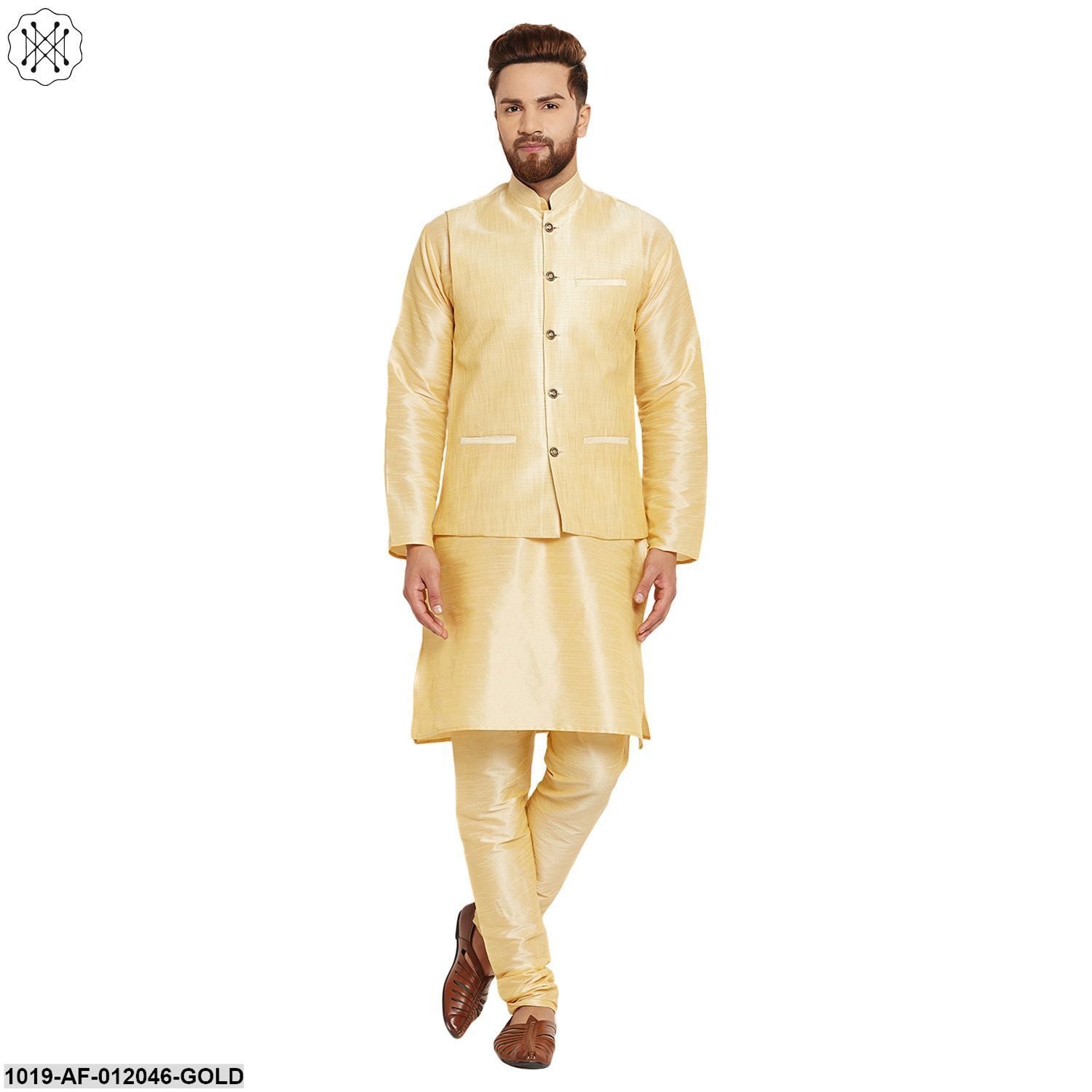 Men's Dupion Silk Kurta Pyjama And Nehru Jacket Set