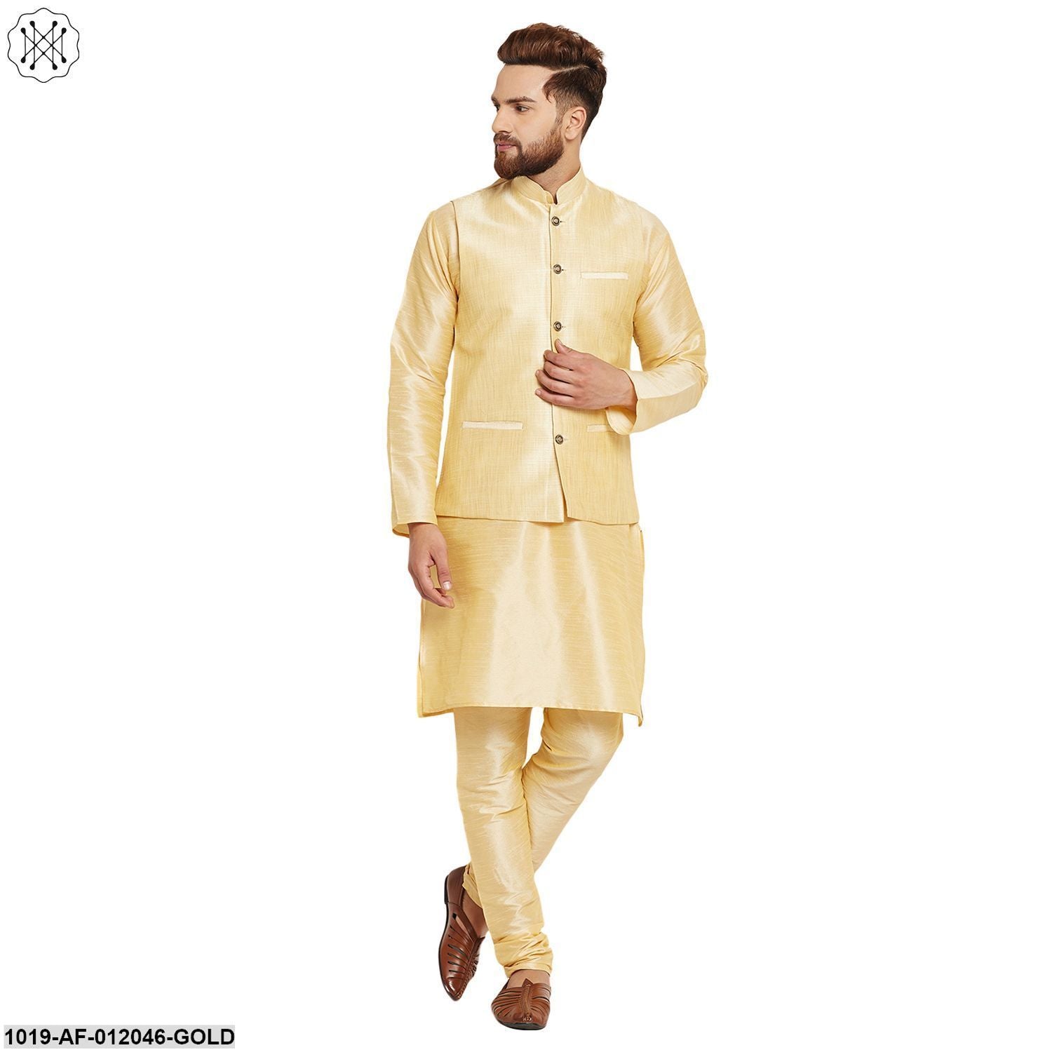 Men's Dupion Silk Kurta Pyjama And Nehru Jacket Set