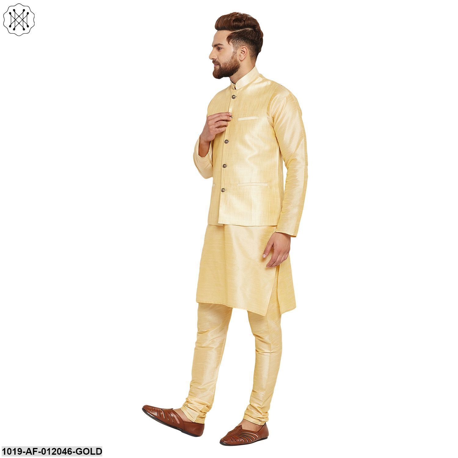 Men's Dupion Silk Kurta Pyjama And Nehru Jacket Set