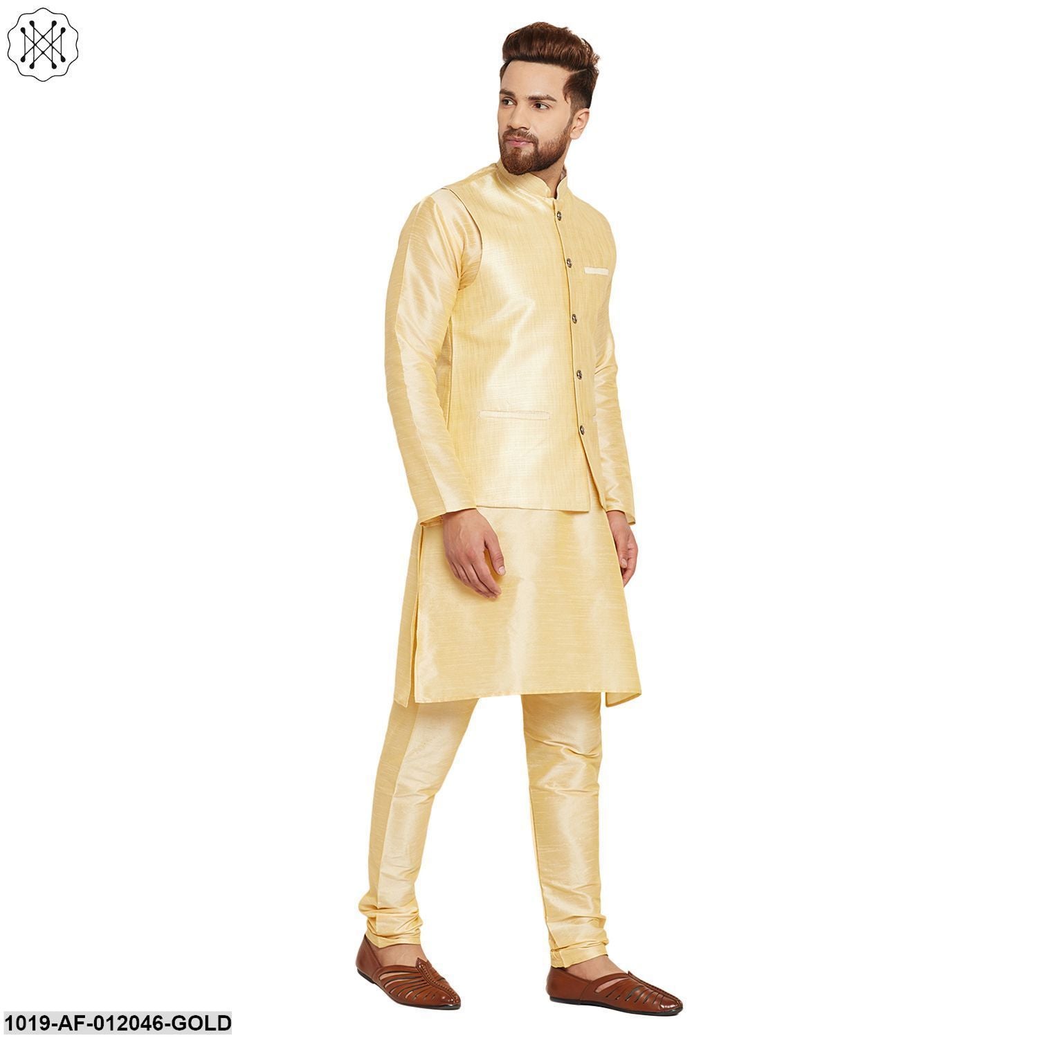 Men's Dupion Silk Kurta Pyjama And Nehru Jacket Set
