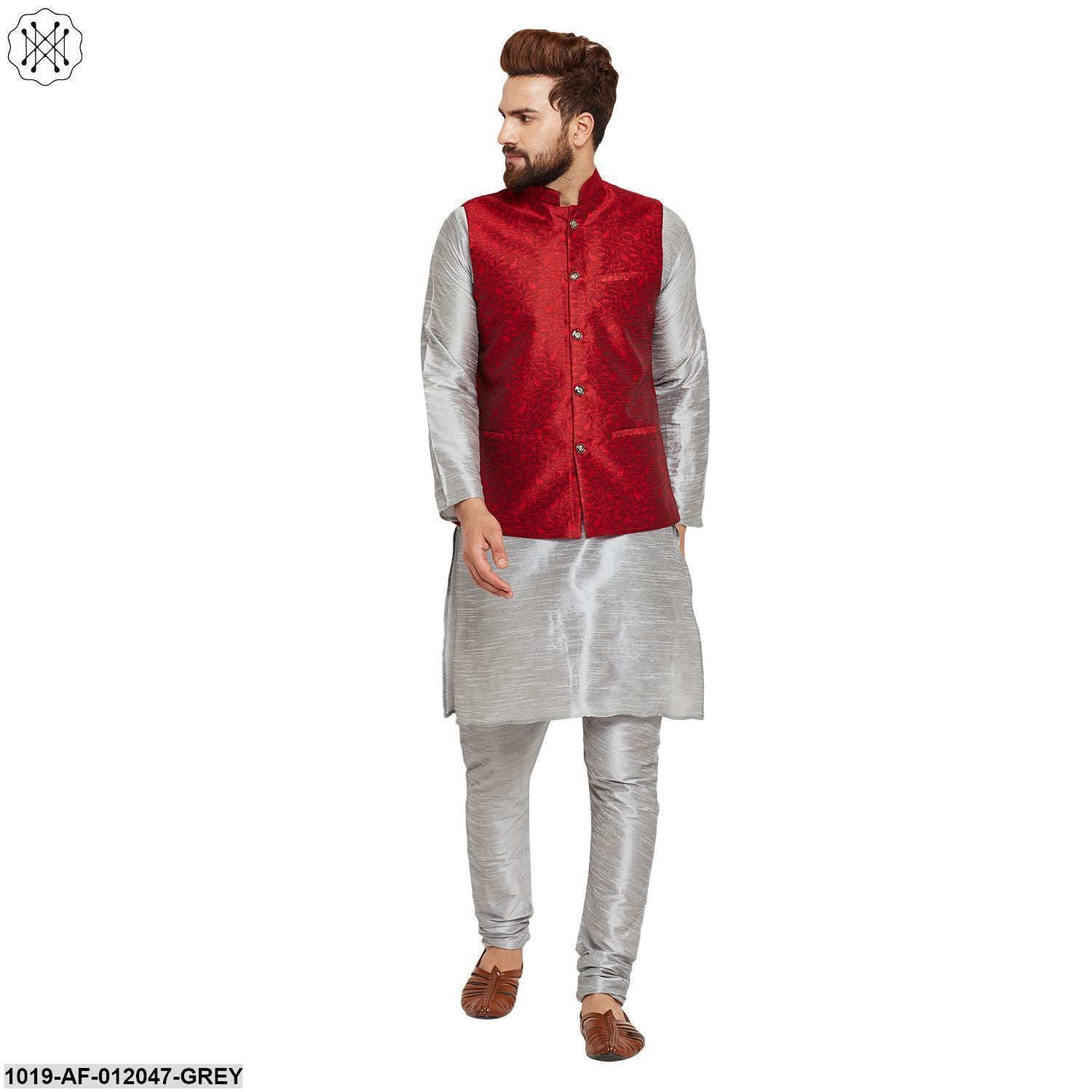 Men's Dupion Silk Kurta Pyjama And Jacquard Silk Nehru Jacket Set