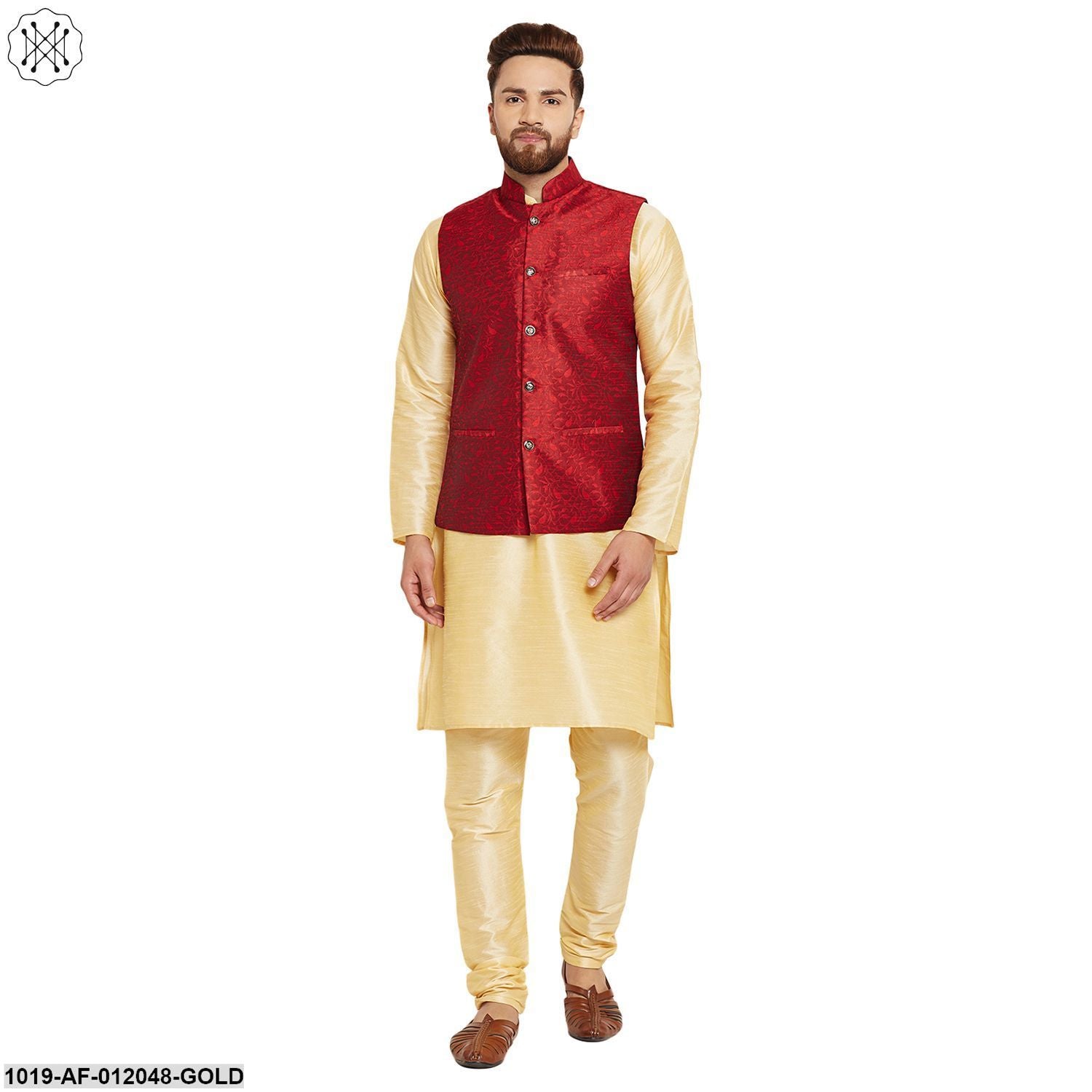 Men's Dupion Silk Kurta Pyjama And Jacquard Silk Nehru Jacket Set