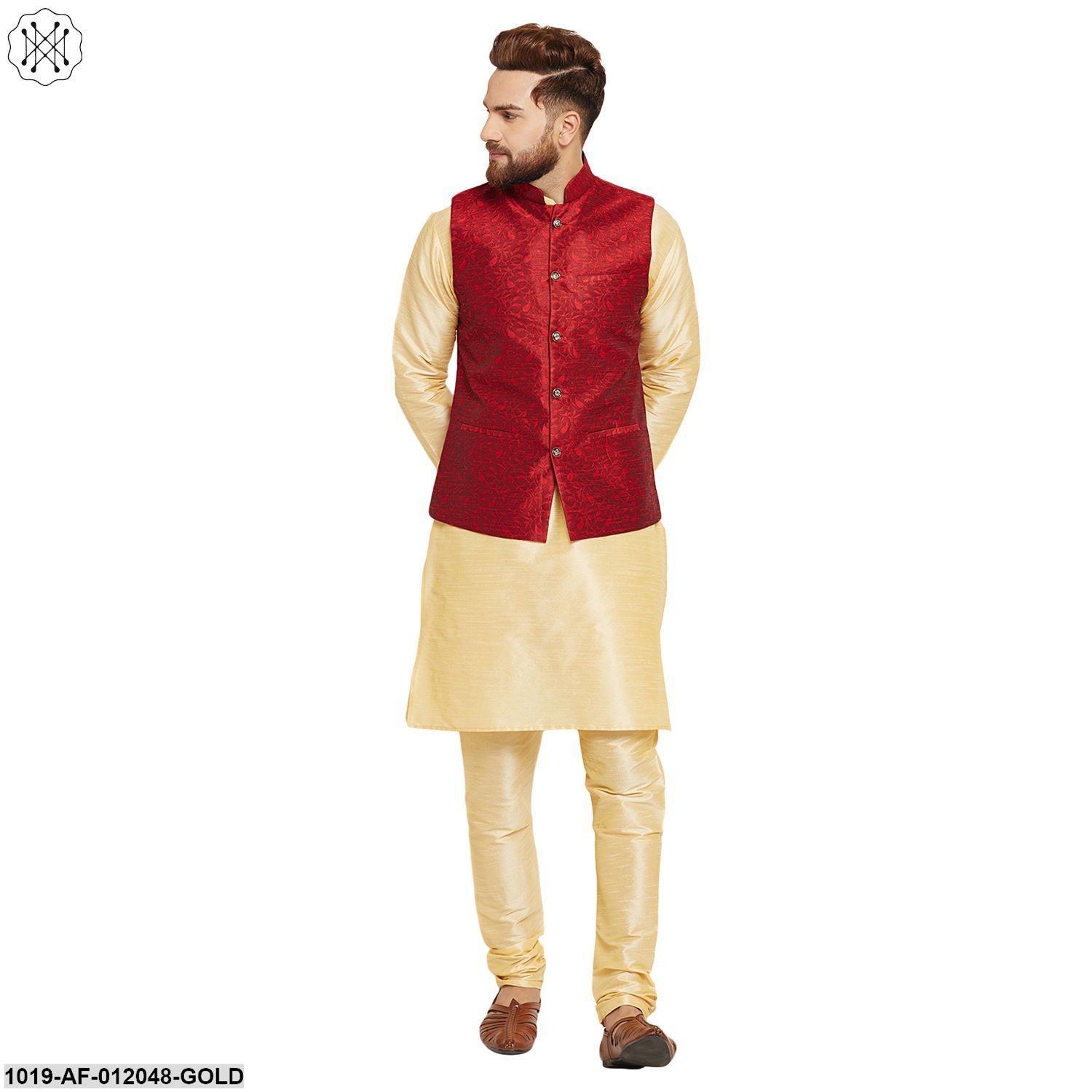 Men's Dupion Silk Kurta Pyjama And Jacquard Silk Nehru Jacket Set