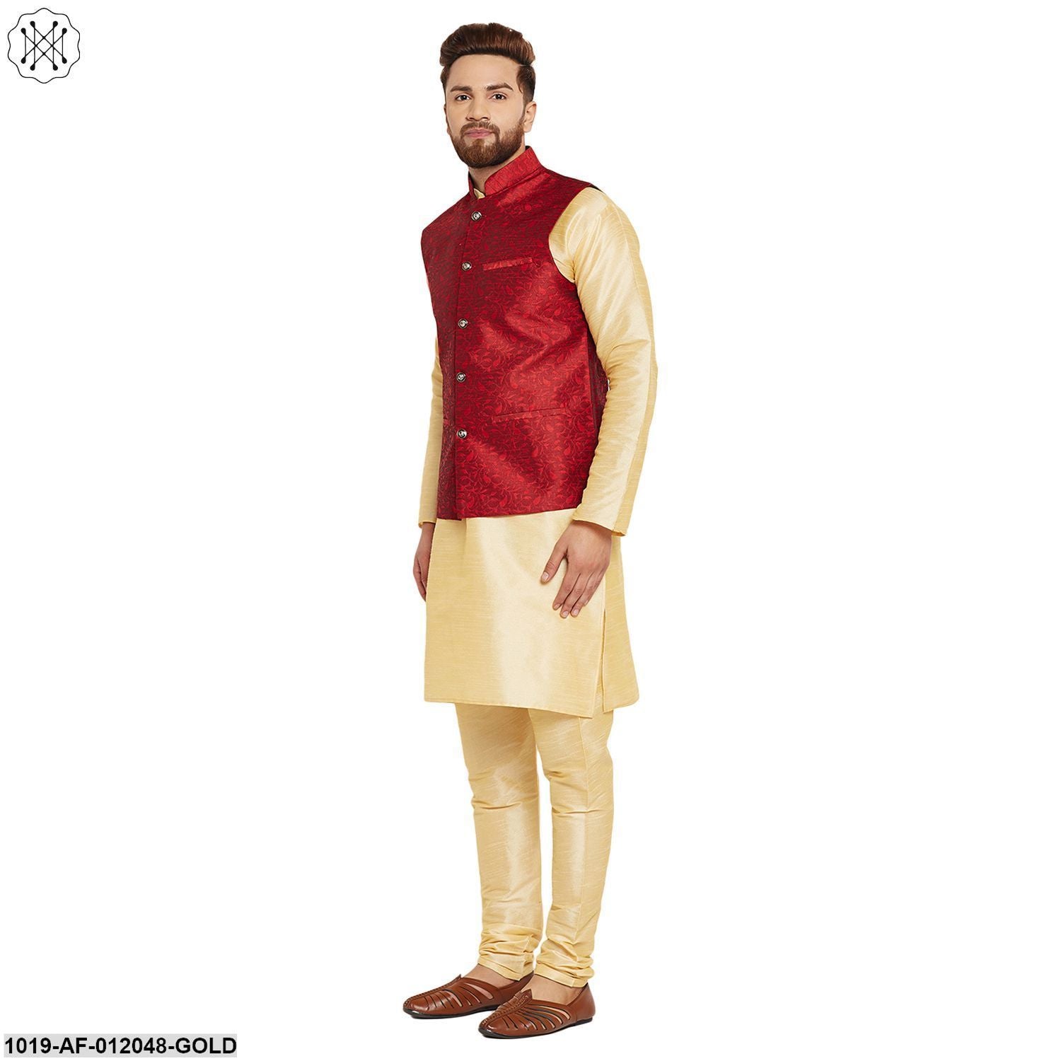Men's Dupion Silk Kurta Pyjama And Jacquard Silk Nehru Jacket Set