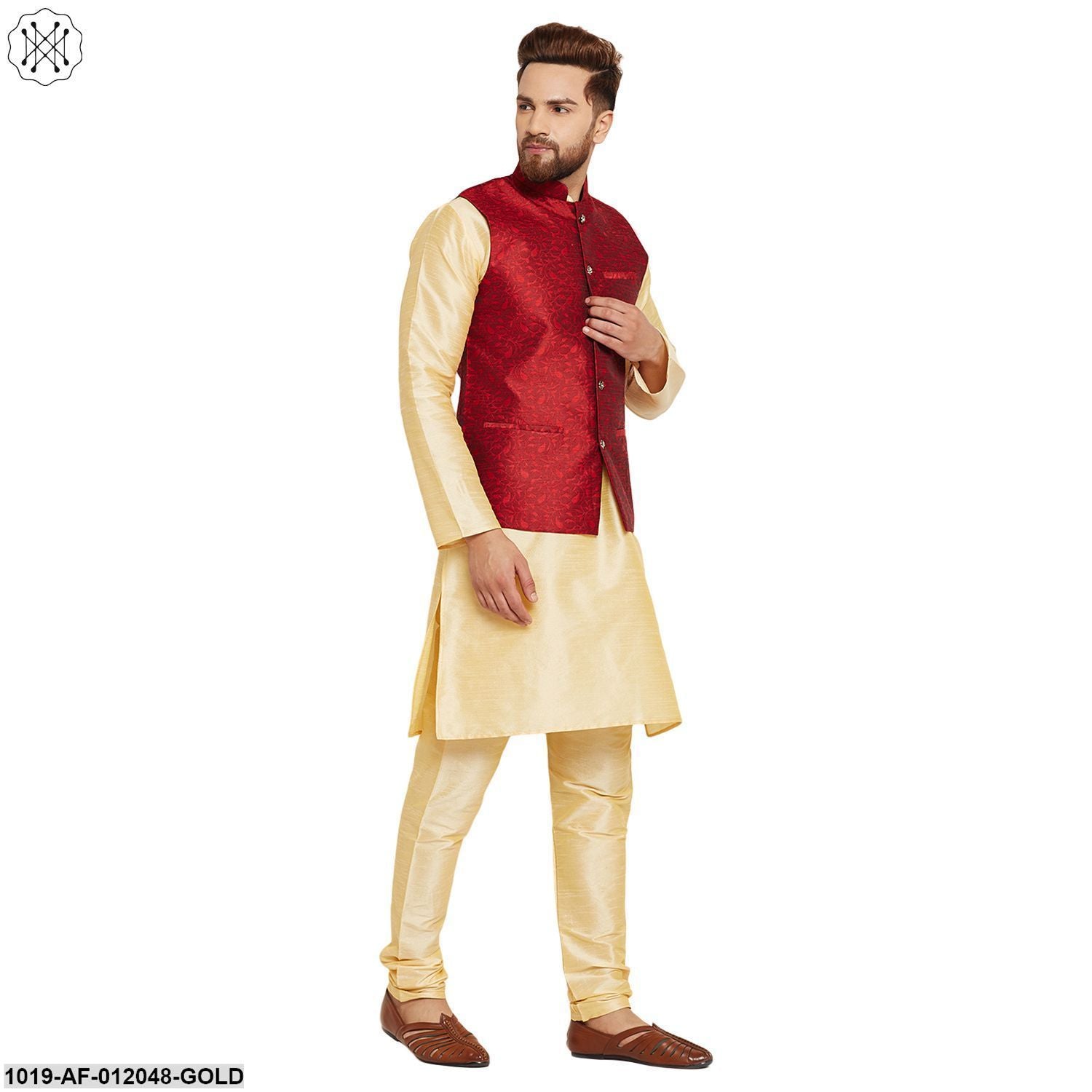 Men's Dupion Silk Kurta Pyjama And Jacquard Silk Nehru Jacket Set