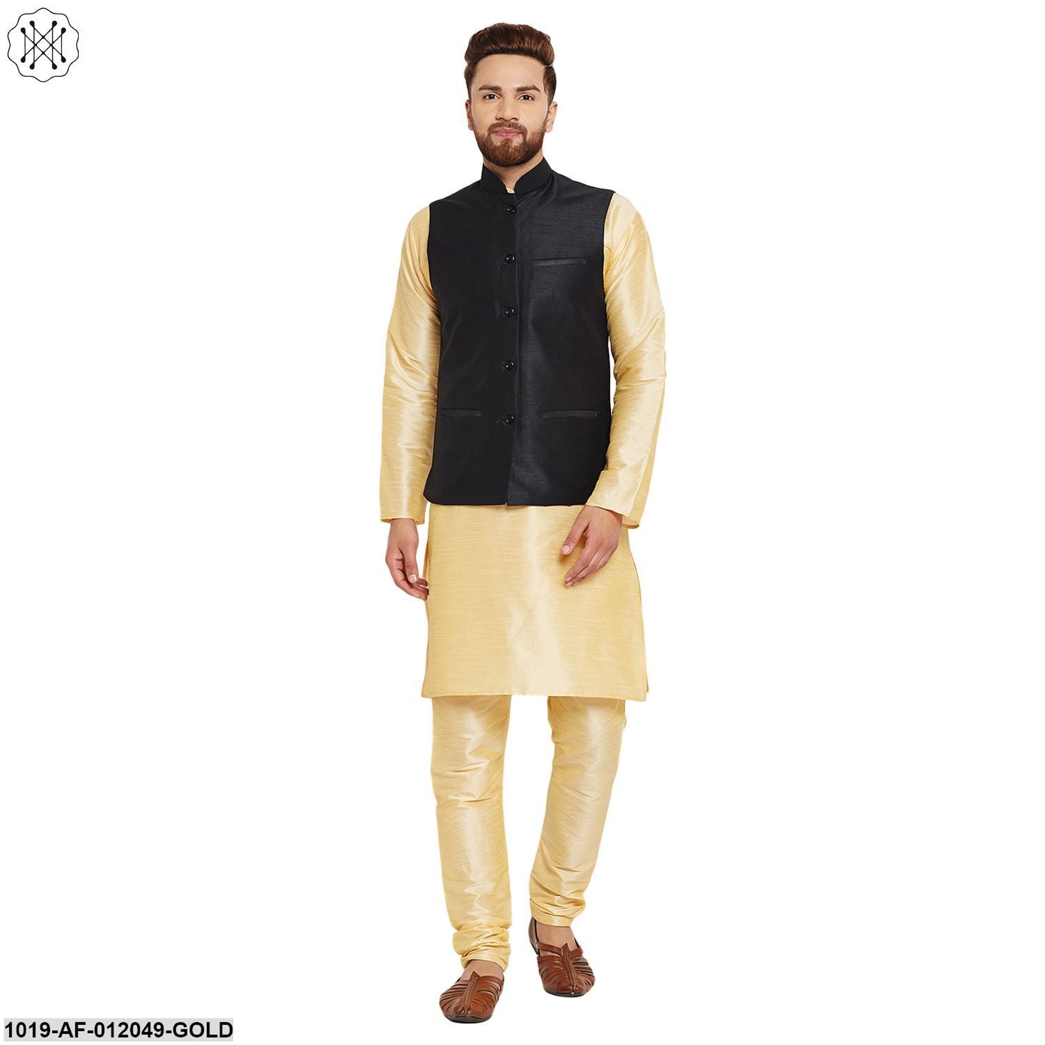 Men's Dupion Silk Kurta Pyjama And Nehru Jacket Set