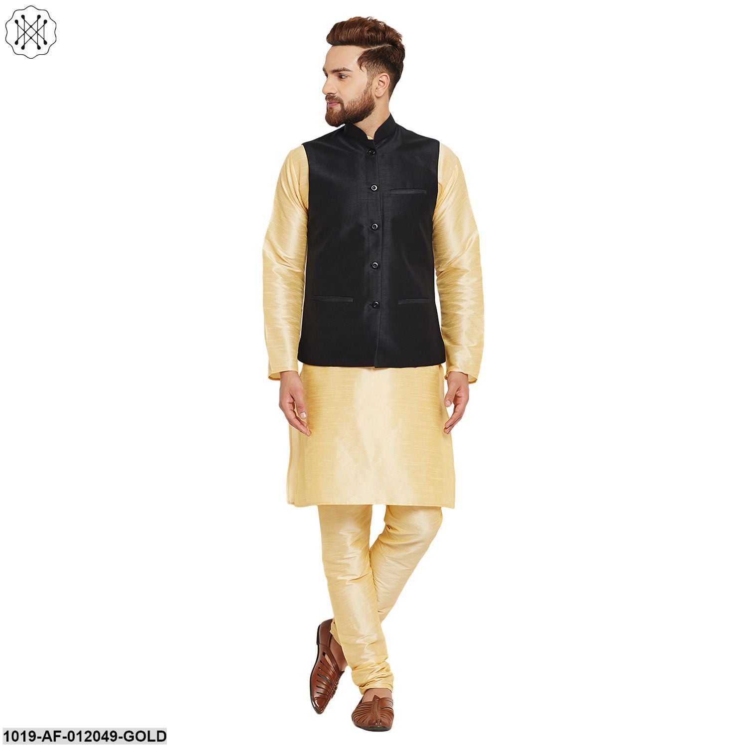 Men's Dupion Silk Kurta Pyjama And Nehru Jacket Set