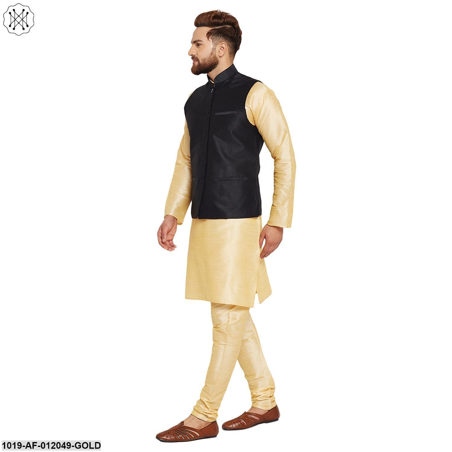 Men's Dupion Silk Kurta Pyjama And Nehru Jacket Set