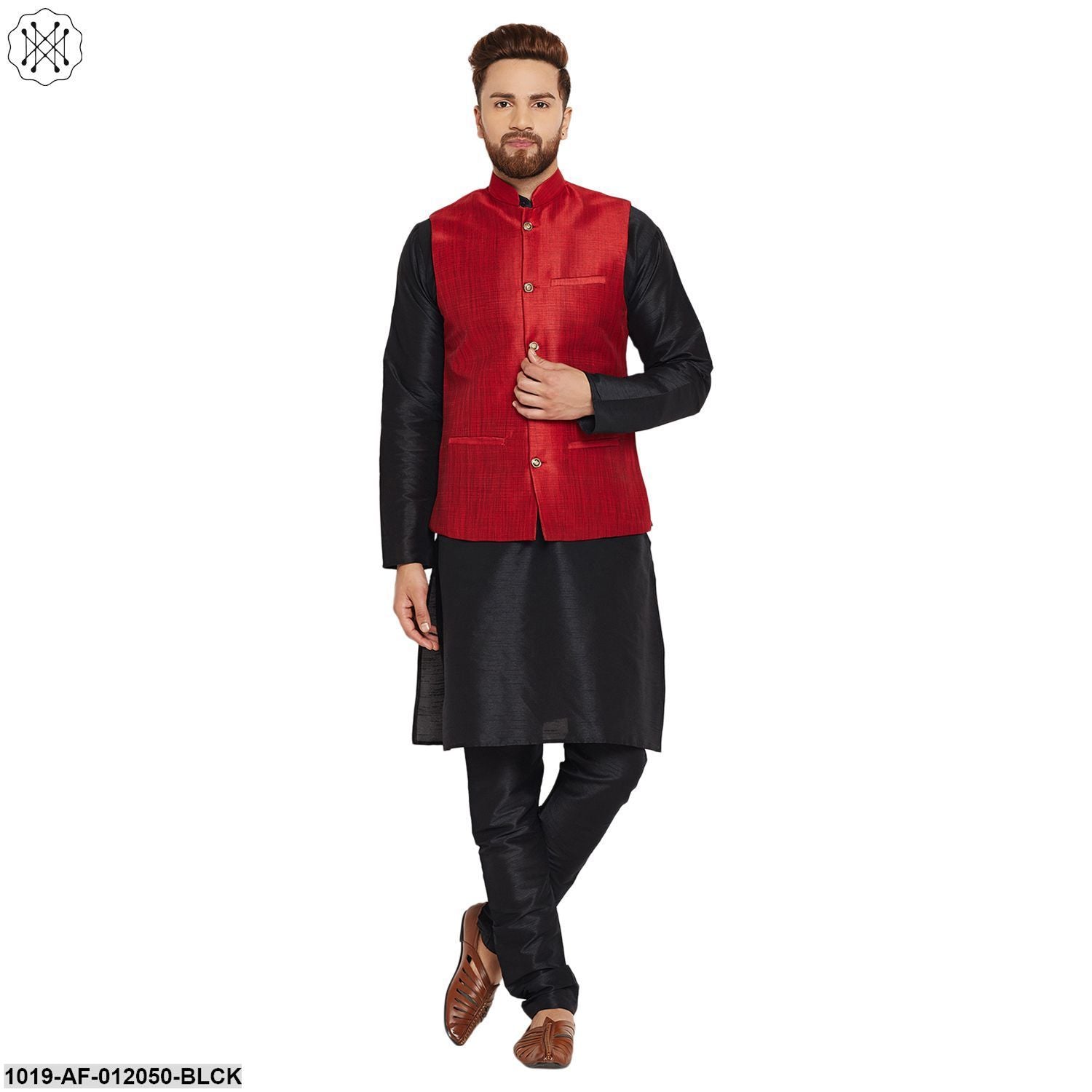 Men's Dupion Silk Kurta Pyjama And Nehru Jacket Set