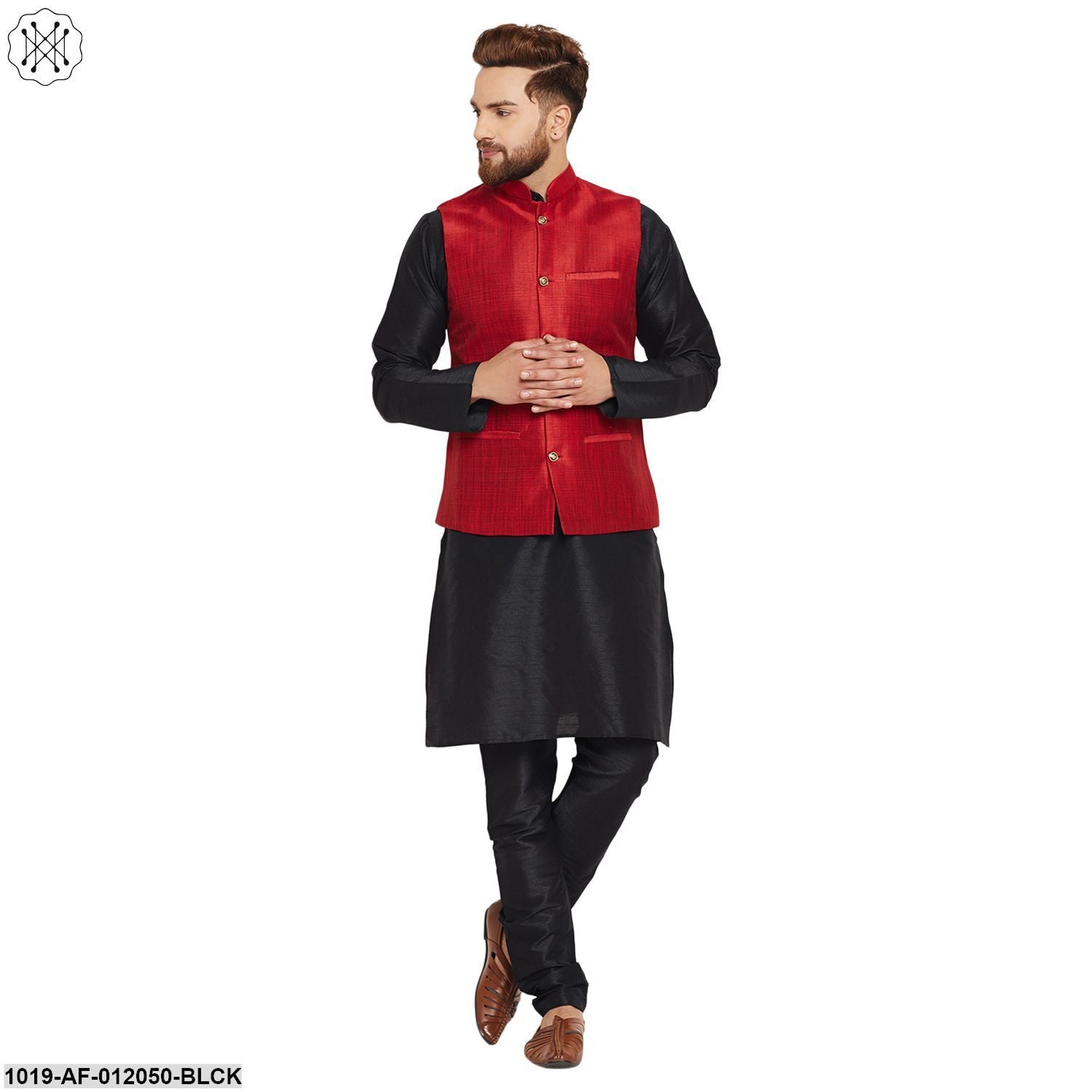 Men's Dupion Silk Kurta Pyjama And Nehru Jacket Set