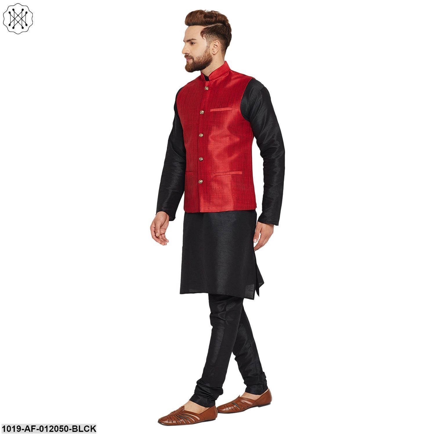 Men's Dupion Silk Kurta Pyjama And Nehru Jacket Set