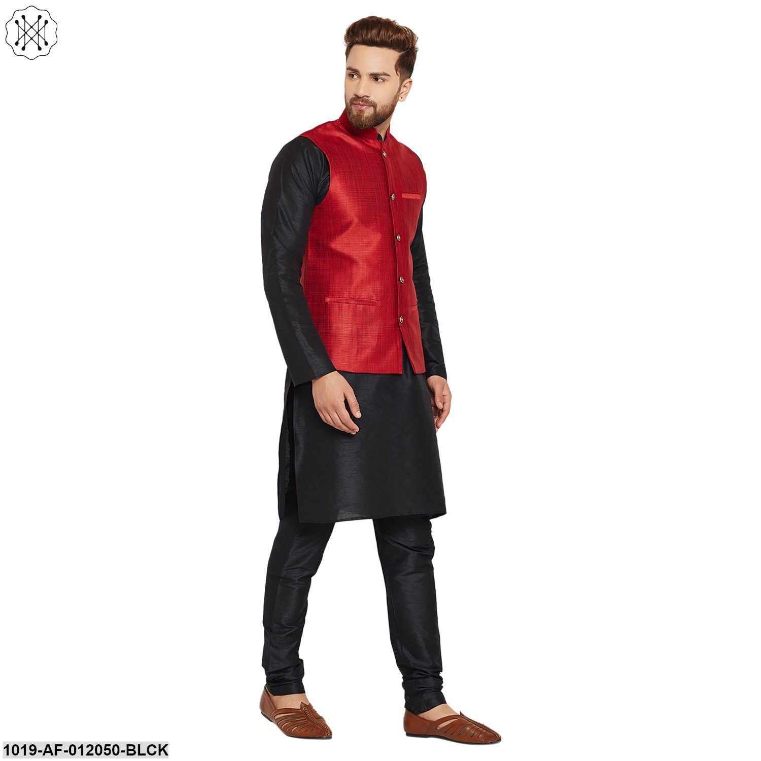 Men's Dupion Silk Kurta Pyjama And Nehru Jacket Set