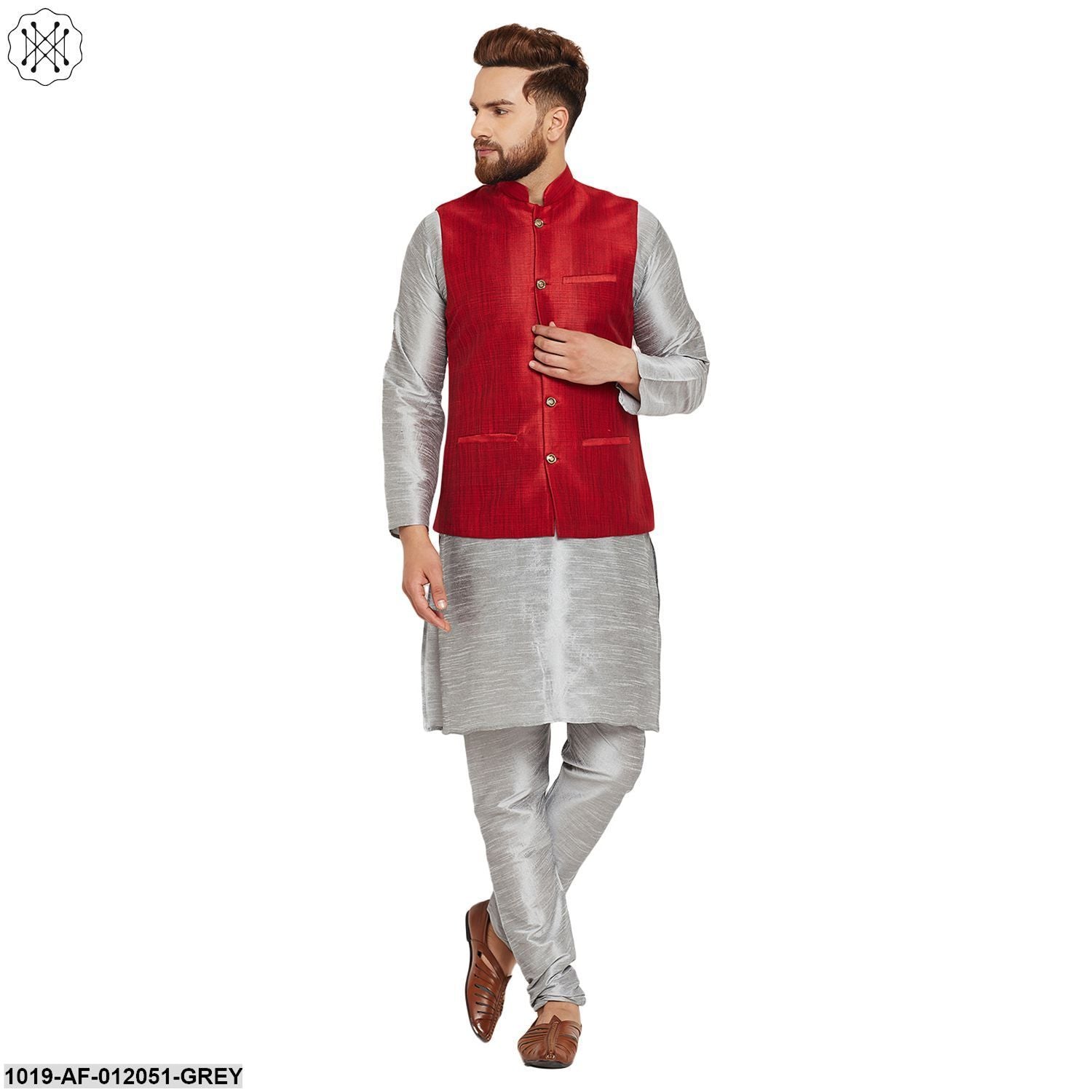 Men's Dupion Silk Kurta Pyjama And Nehru Jacket Set